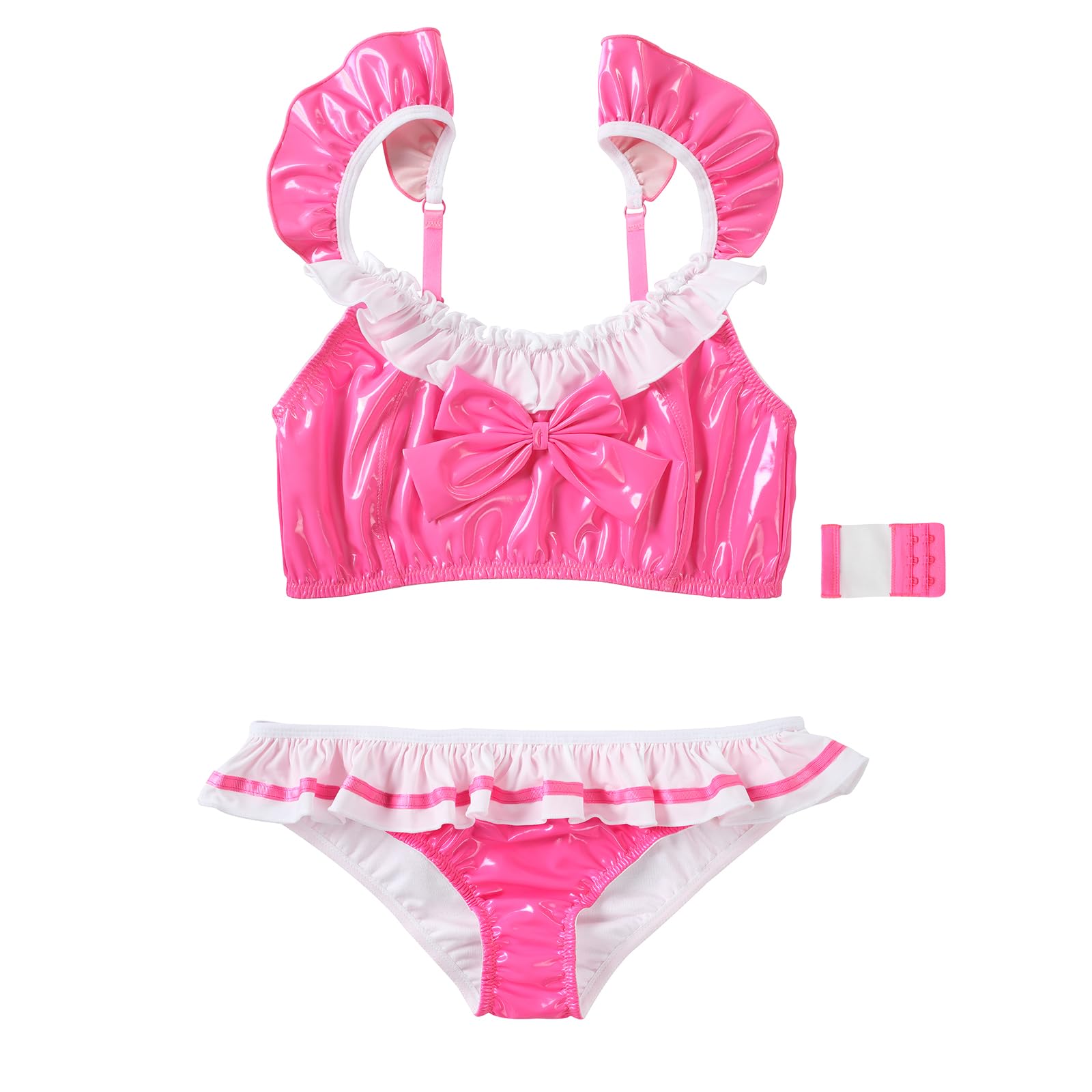 LittleForBig Unisex Metallic Rave Cuero Sintético Brillante Volantes Sin Mangas Espalda Sin Espalda Bikini Bragas De Látex Sissy Doll Juego de Bralette de 2 Piezas