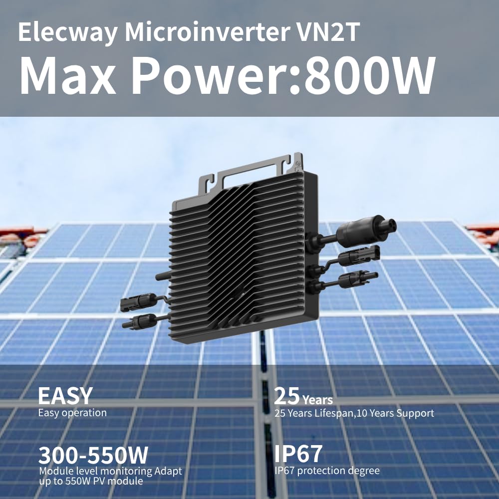 VN2T08 800W Microinversor Conectado a la Red, Doble MPPT 16–60V CC, Control de la aplicación Mediante Wi-Fi, certificación EN de Red, Plug & Play, IP67, Ideal para Sistemas solares de balcón