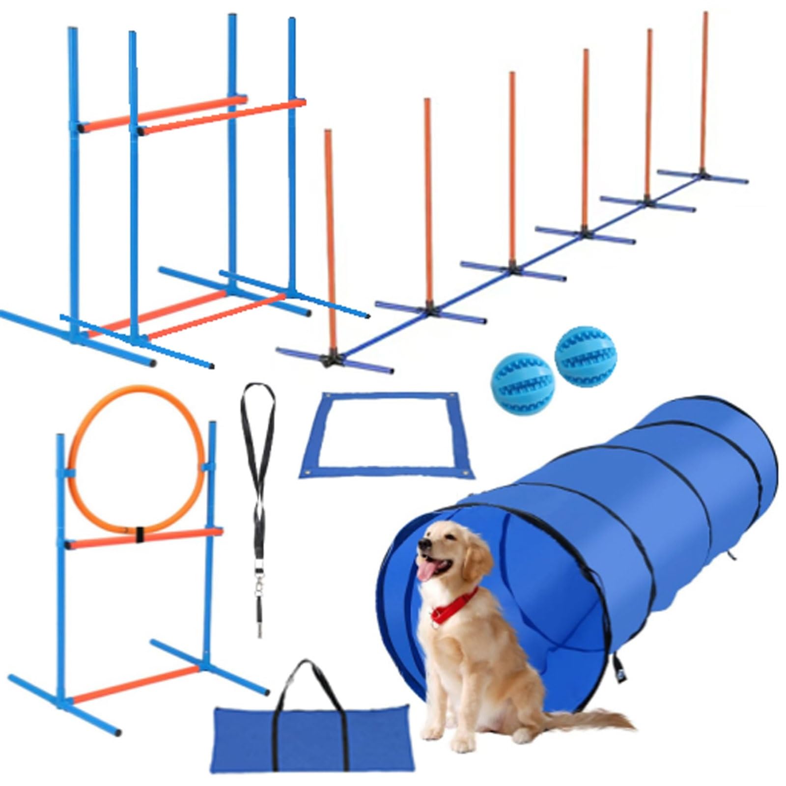 XCSCUK Dog Agility Training Equipment Set, Obstacle Course Kit,with Tunnel, Weave Poles, Hurdles, Jump Ring, Pause Box,for Outdoor Fun