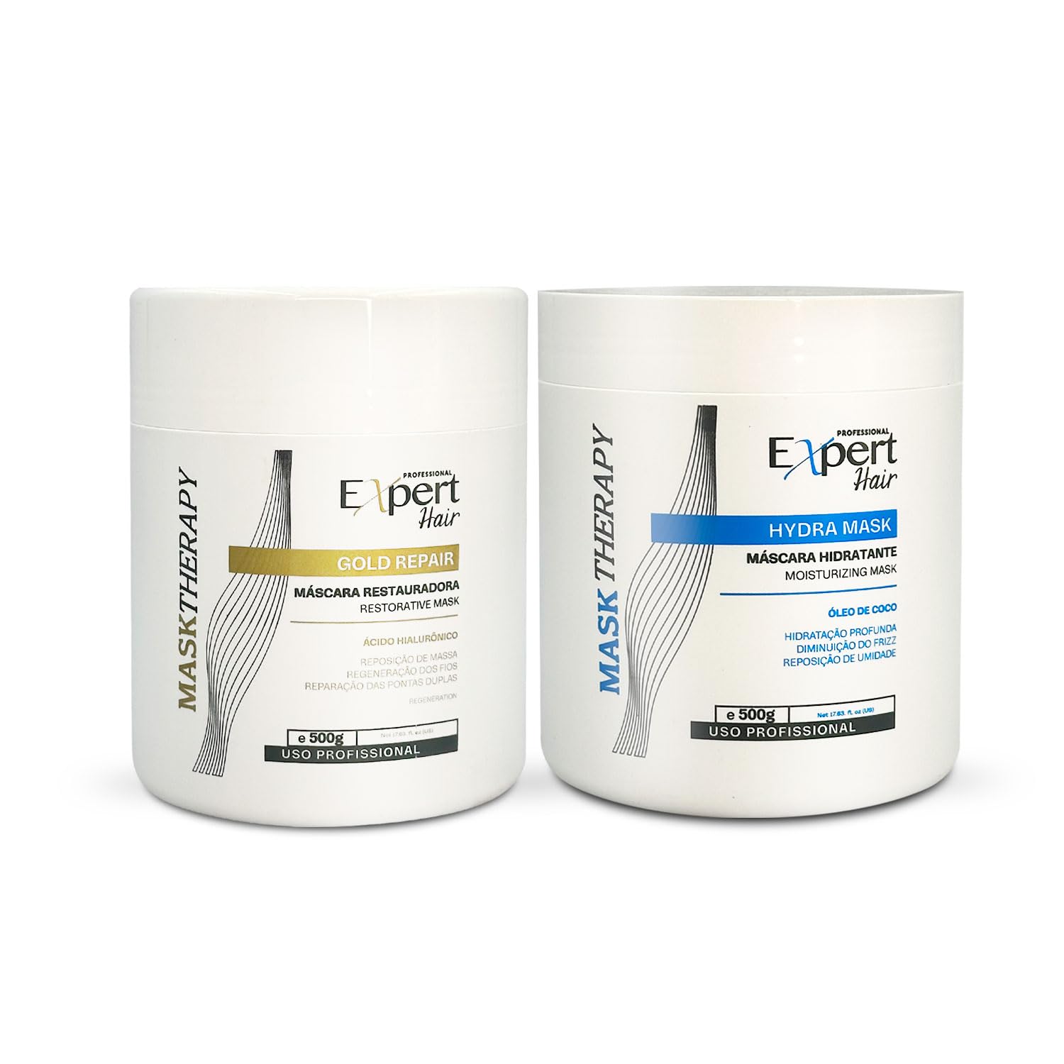 Expert HairKit - Hydra Mask, Keratin & Coconut Mask for Moisture Replenishment of Frizzy Hair + Gold Mask, Hyaluronic Acid Formula to Combat Dryness & Split Ends, Hair Treatment Masks (2 Pack)