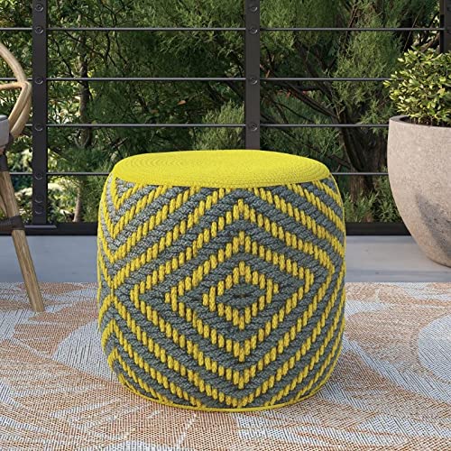 Pemberly Row Boho Round Pouf Ottoman, Small Hand Knitted Hassock Footrest for Living Room, Cotton Woven Bean Bag Foot Stool for Couch, Yellow Cloth Puff Chair for Floor, 18