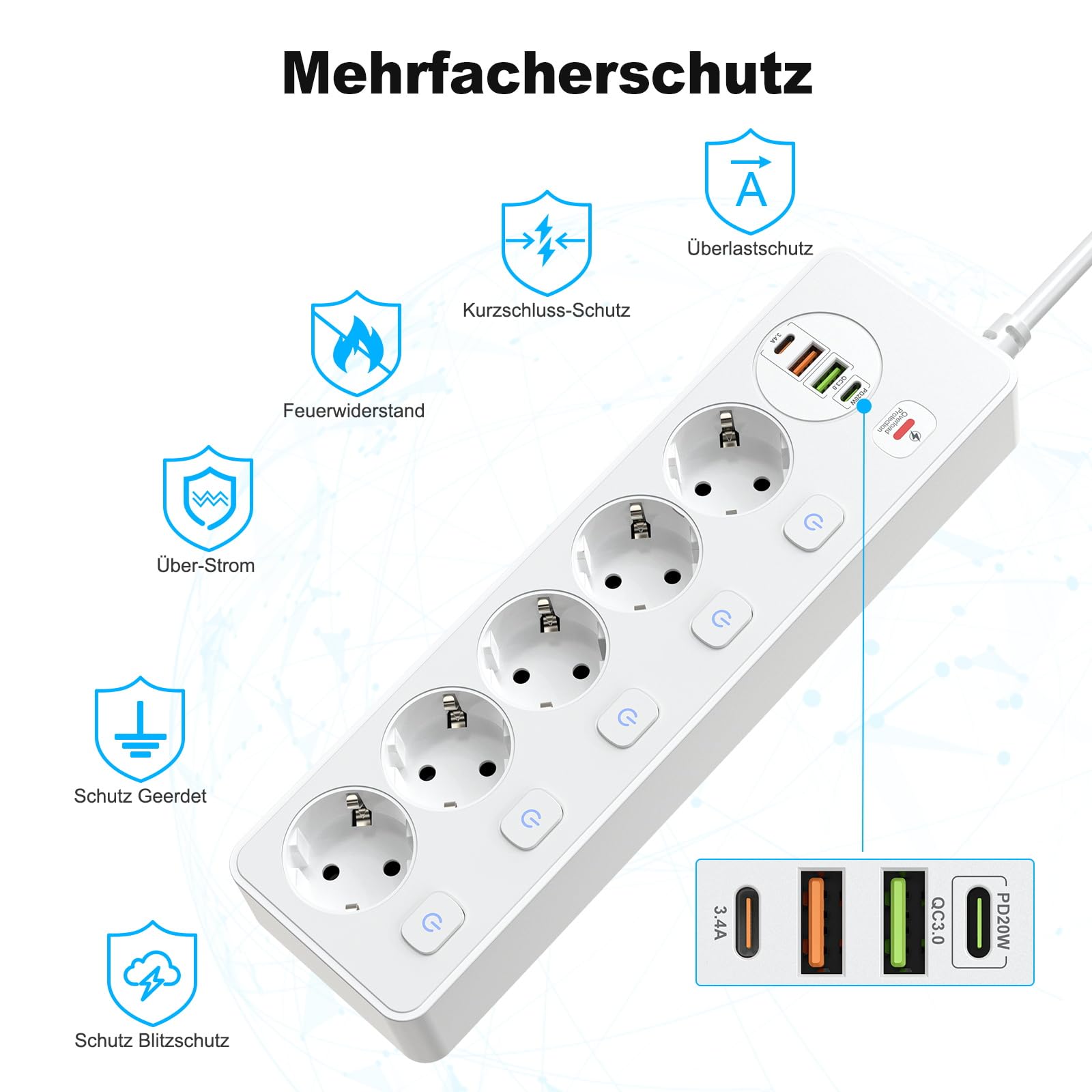 Listwa zasilająca z 5 gniazdami, indywidualnie przełączana, z 2 gniazdami USB A i 2 USB C, 5 gniazd z przełącznikiem, listwa zasilająca, montaż ścienny, z kablem przedłużającym 2 m, PD 20 W, biała