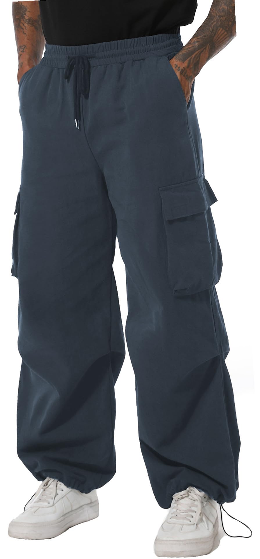 Men's Baggy Cargo Pants Elastic Waist Drawstring Flap Pocket Beam Feet Streetwear Trousers