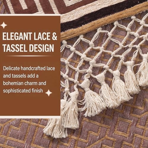 Image of HOKIPO 'Imperial Tassel Series' Premium Chenille Jacquard Sofa Cover Set for 2 Seater for Seat, Back & Arms with Tassels, Caramel Brown (IN-1010 + IN-1012-I2*2)