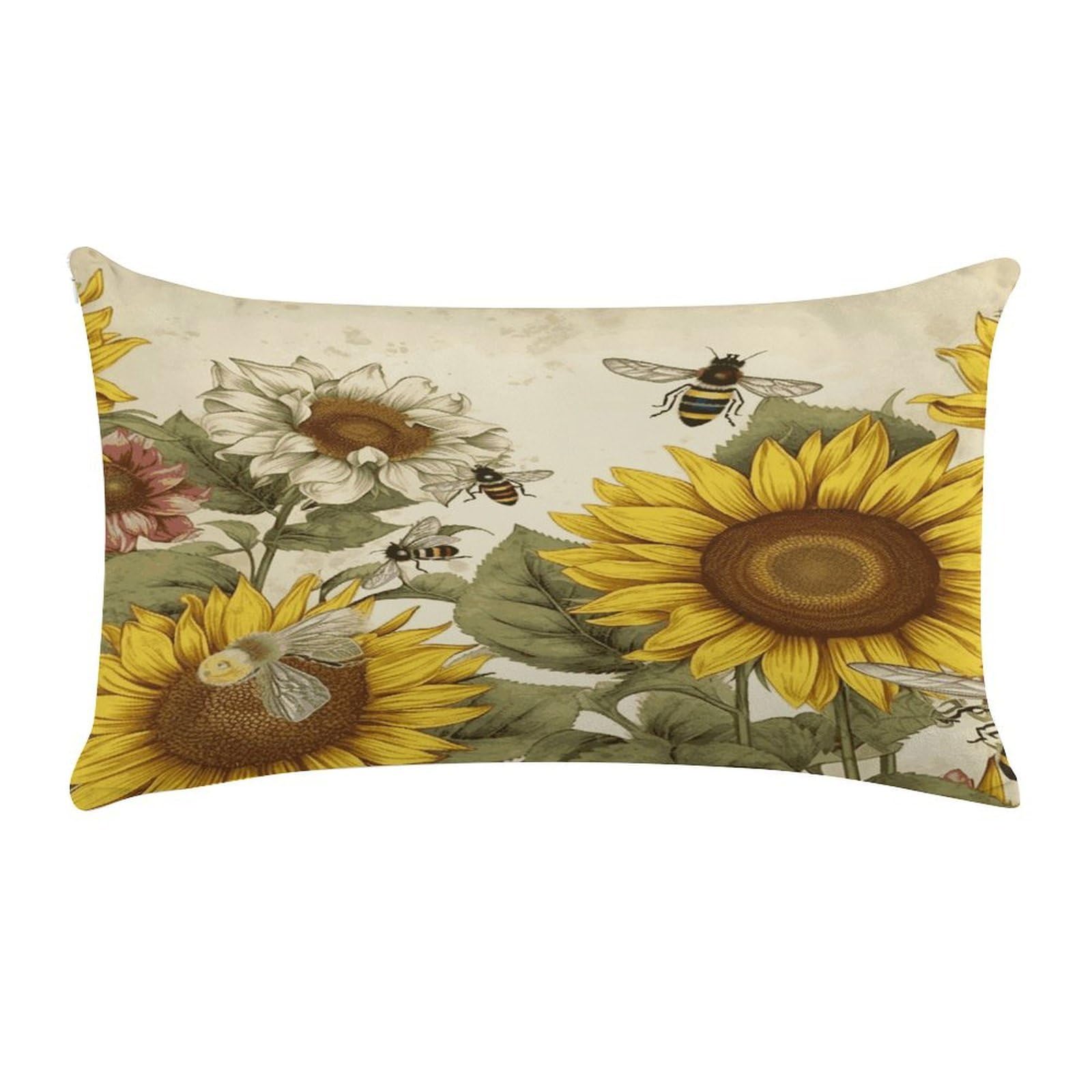 Bees Sunflowers Daisy Rose Flowers Pillow Cover Super Soft Pillowcase Luxury Cozy Fuzzy Velvet Pillow Shams Breathable Standard Pillow Cases with Zipper Wrinkle-Free Pillow Cover 12 "×20 "