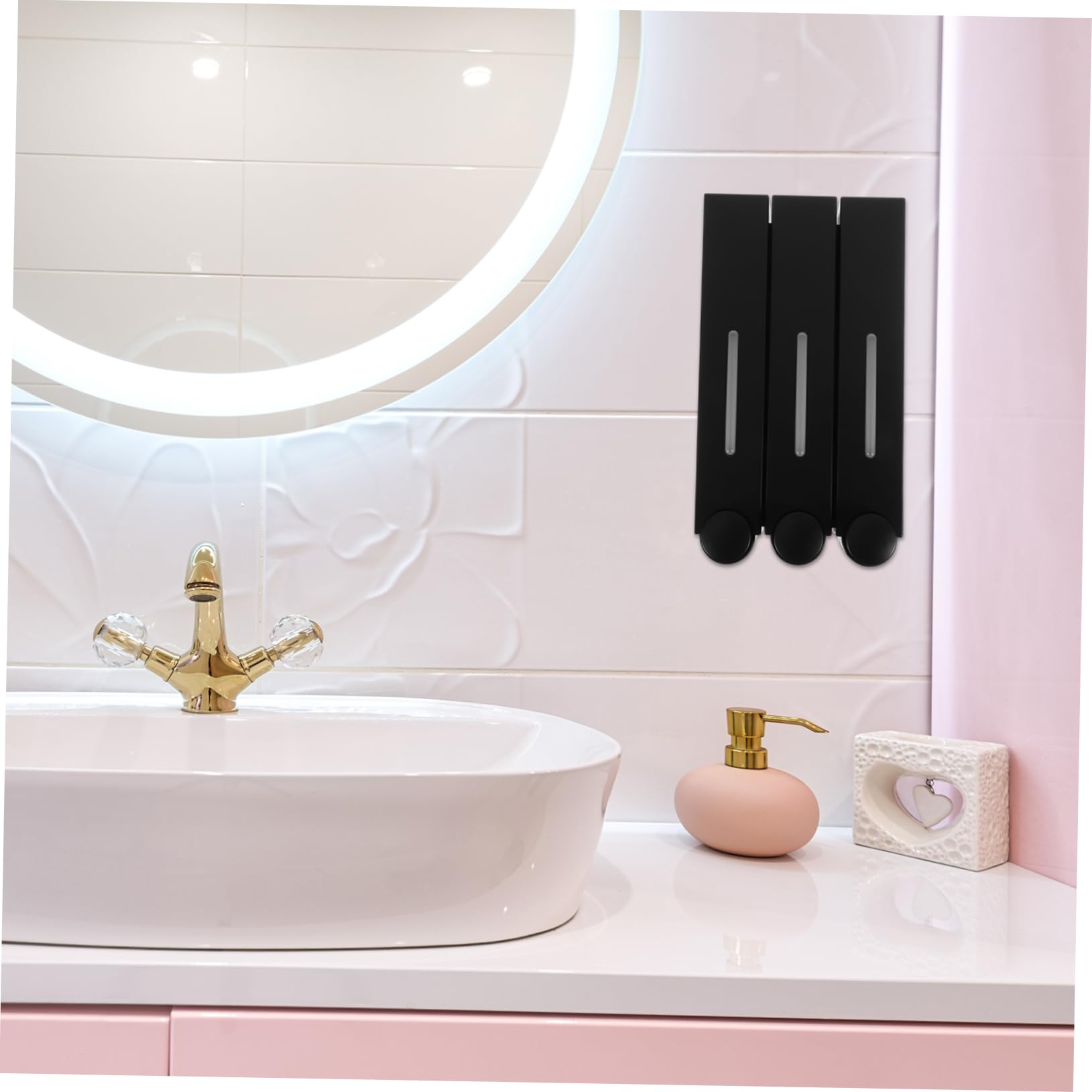 Dispensador de Champú para Ducha de 3 Cámaras Negro Abs | Montaje en Pared, Diseño Manual de Triple Cabezal, Acabado Pvc y Formato Compacto para Baño