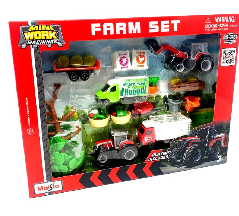 Maisto M12565M Mini Working Machines Super Farm Set Massey Ferguson die cast Model, Red