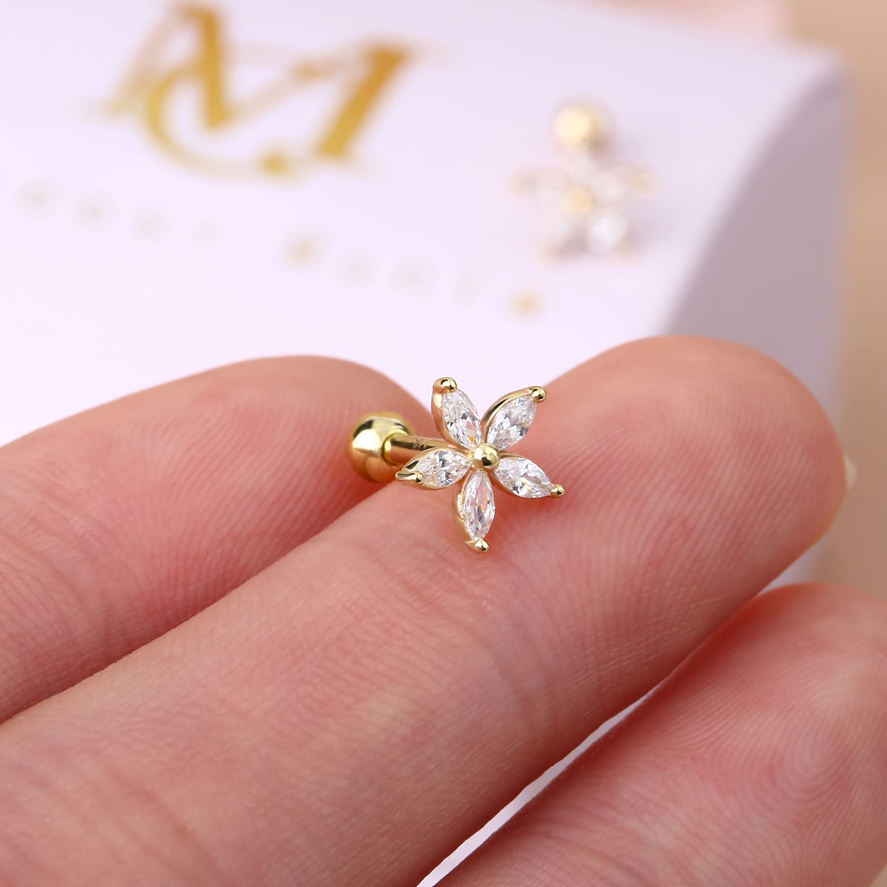 CM Crareesi Mania Orecchini a elica in oro giallo massiccio 9 K a forma di fiore, 16 G, per cartilagine, 6 mm, orecchini a perno con zirconia cubica trasparente, per ragazze