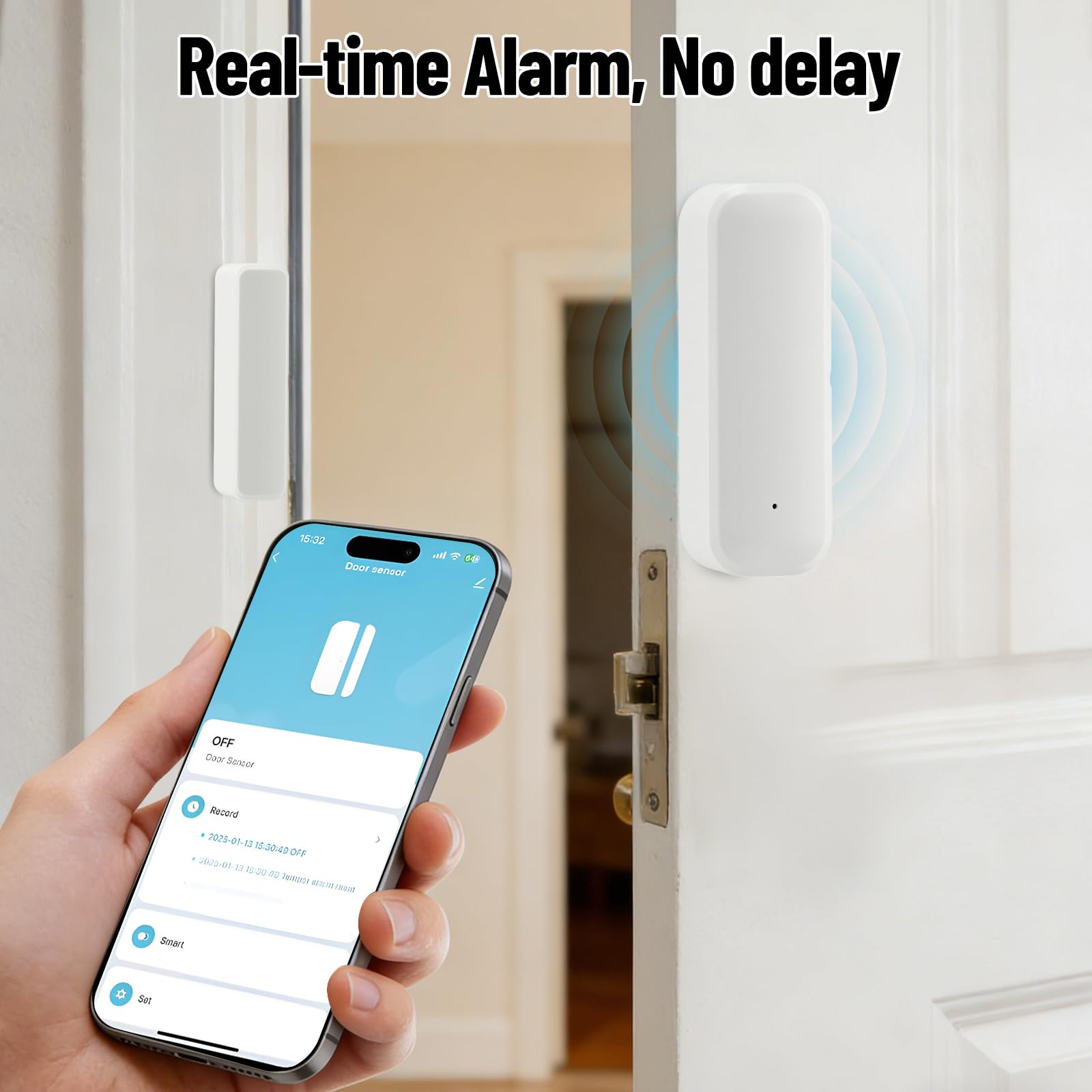 Sensor de puerta y ventana WiFi (paquete de 4) – Smart Home magnético con notificación de aplicación, compatible con Alexa/Google Assistant para mayor seguridad en casa, apartamento y garaje