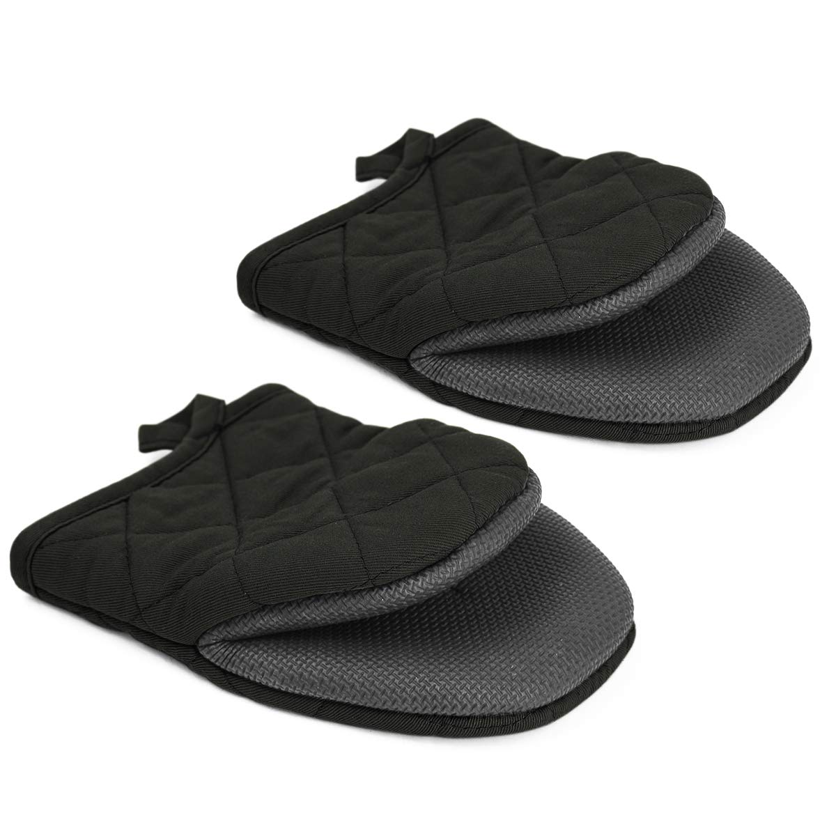 Mini Oven Mitts, 2 Pack Heat Resistant 300 ºF Little Oven Gloves Pot Holder Neoprene Cotton Trivet for Kitchen Cooking - Non-Slip Grip, Hanging Loop, 7 x 6 Inches, Grey (Black)