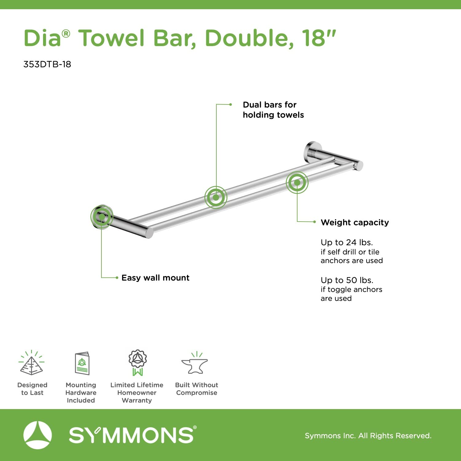 Symmons 353DTB-18 Toallero de Barra, 18 Pulgadas, Doble Symmons