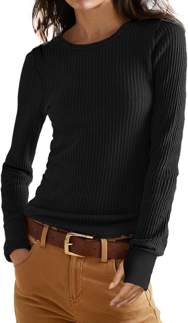 GRECERELLE Waffle Knit Long Sleeve Shirts for Women Crew Neck Slim Fitted Going Out Tops Y2k Outfits