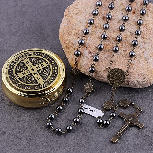 HanlinCC 6mm Hematite Black Stone Beads with Anti-Bronze Saint Benedict Center Piece Medal and Crucifix Catholic Rosary Necklace for Men and Women with Metal Gold Catholic Rosary Gift Box4