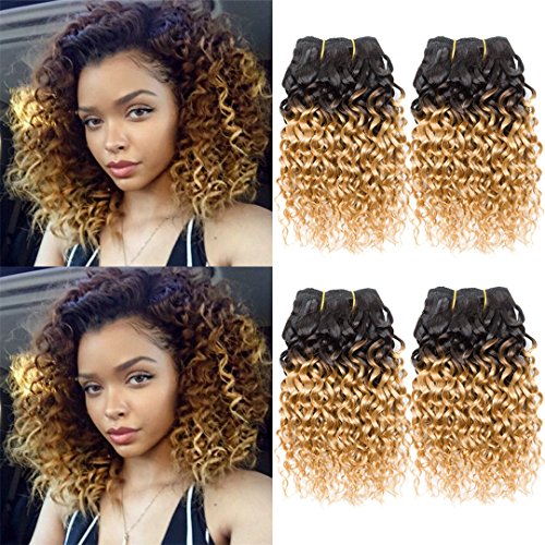 Curly Hair 8 Inches 4 Bundles Short Human Hair Kinky Curly Weave Brazilian Virgin huamn Hair 50G/Bundle (8inchX4, 1B/27#)
