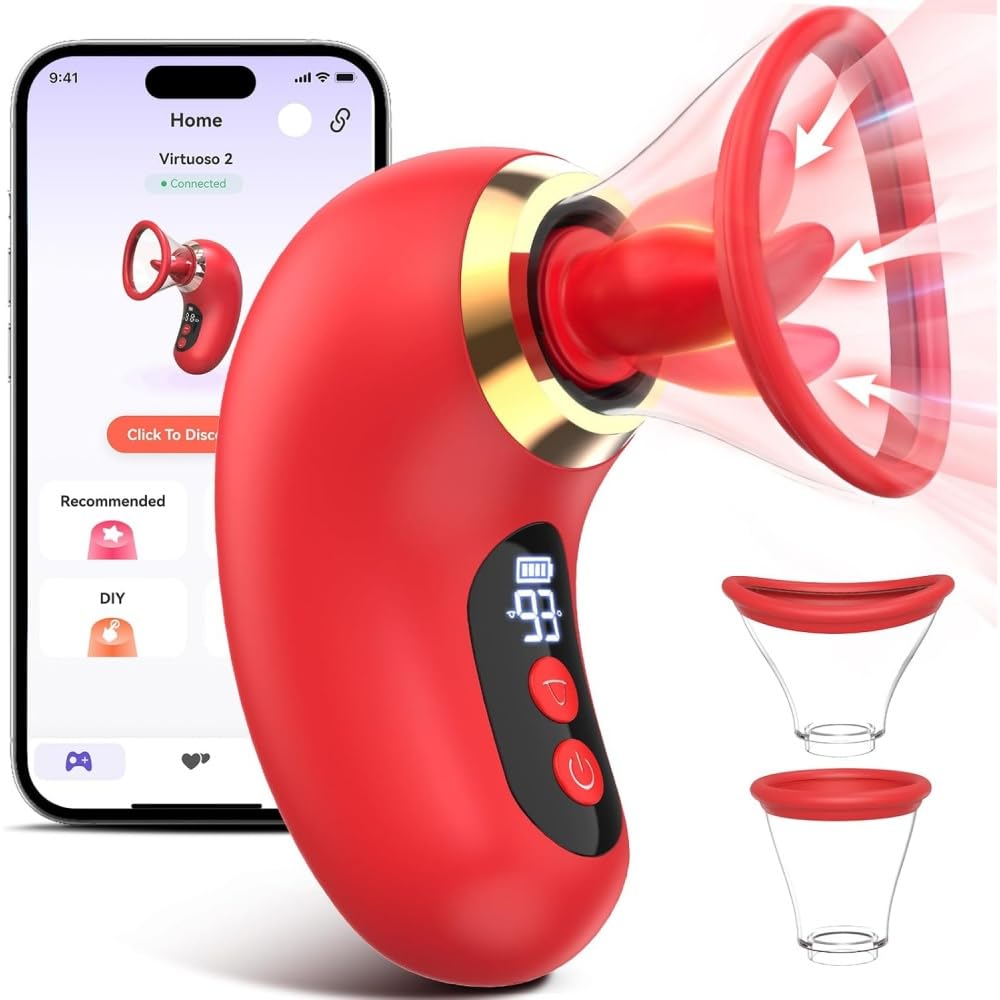 BeHorny Rechargeable Pussy Pump with Licking Tongue, Vacuum, App Controlled, Red, Medical Grade Silicone