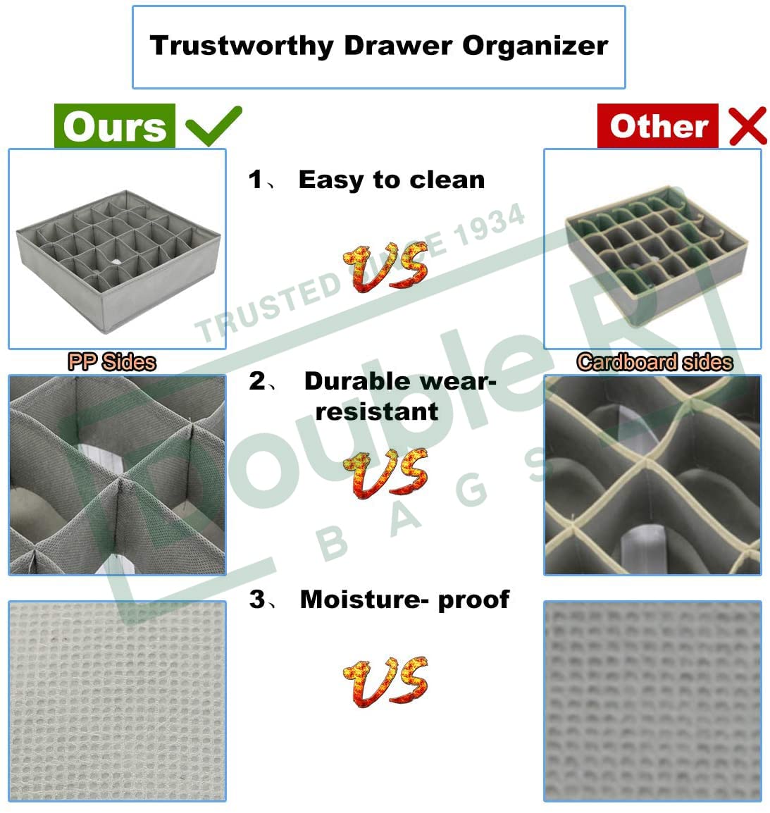 Double R Bags Organizador divisor de cajones de calcetines, 3 paquetes de 24 celdas plegables para calcetines, organizador de armario, cajas de almacenamiento para guardar calcetines, lencería, ropa