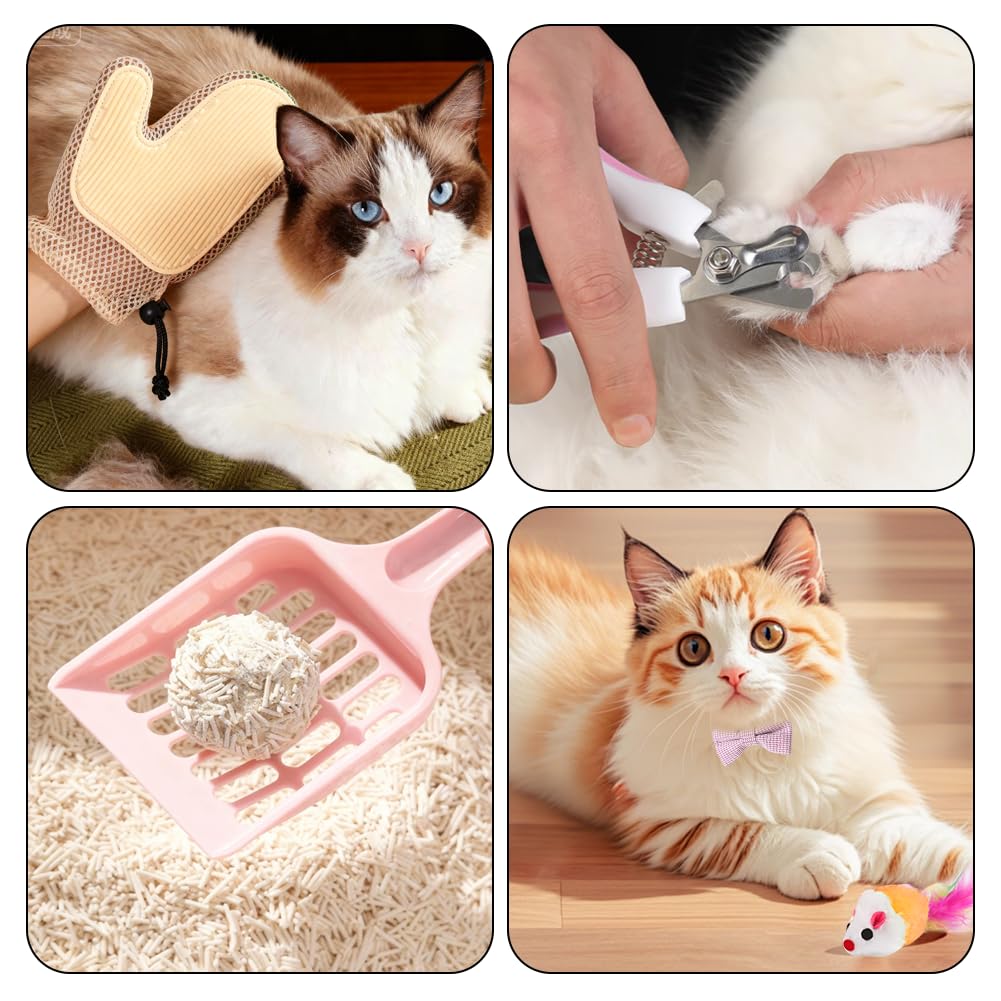 Kitten Starter Kit – Set essenziale per gatti, 16 pezzi, include lettiera, giocattoli, collari, tampone per graffi, lima per unghie, ciotole per l'alimentazione automatica, guanti per la toelettatura