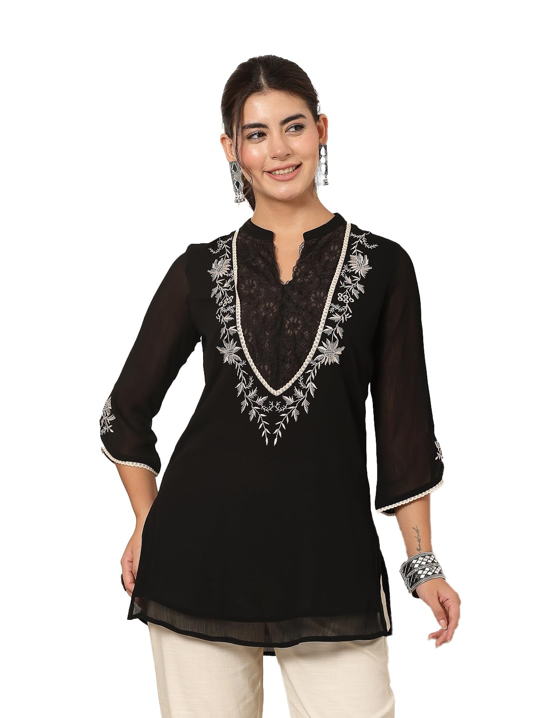nayam by lakshita Solid Poly Chiffon Straight Kurti with Lace Embroidery-picture-54