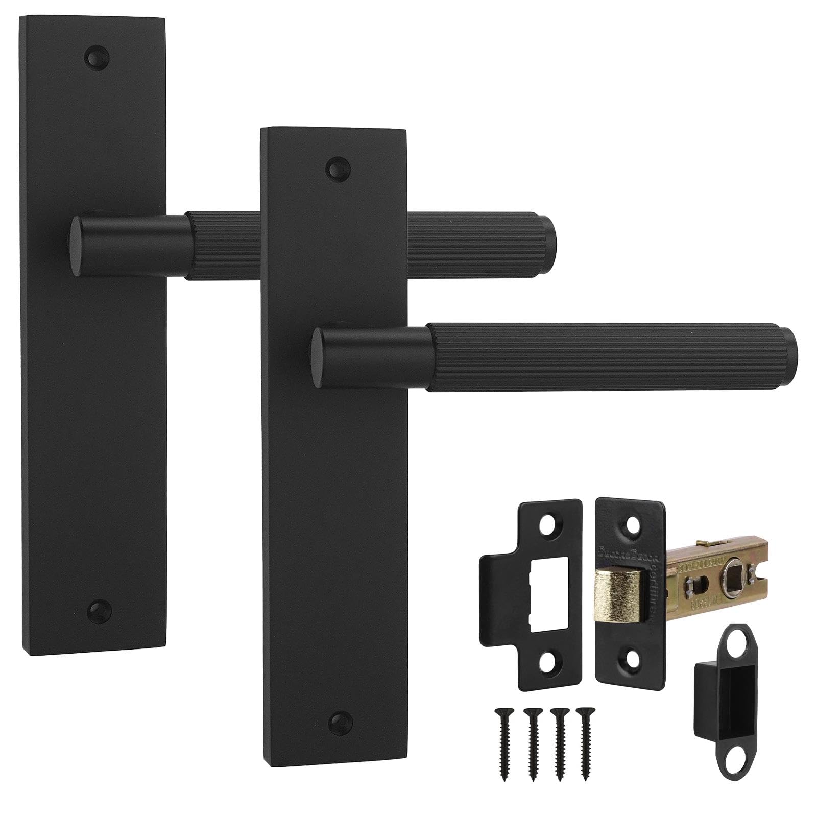 Decoranddecor Hera Matt Black Knurled Backplate Assembly with 2.5in Tubular Mortise Latch & Fire Rated Hinges – Secure Internal Lever Door Handle Kit for Classic Commercial and Residential — image 1