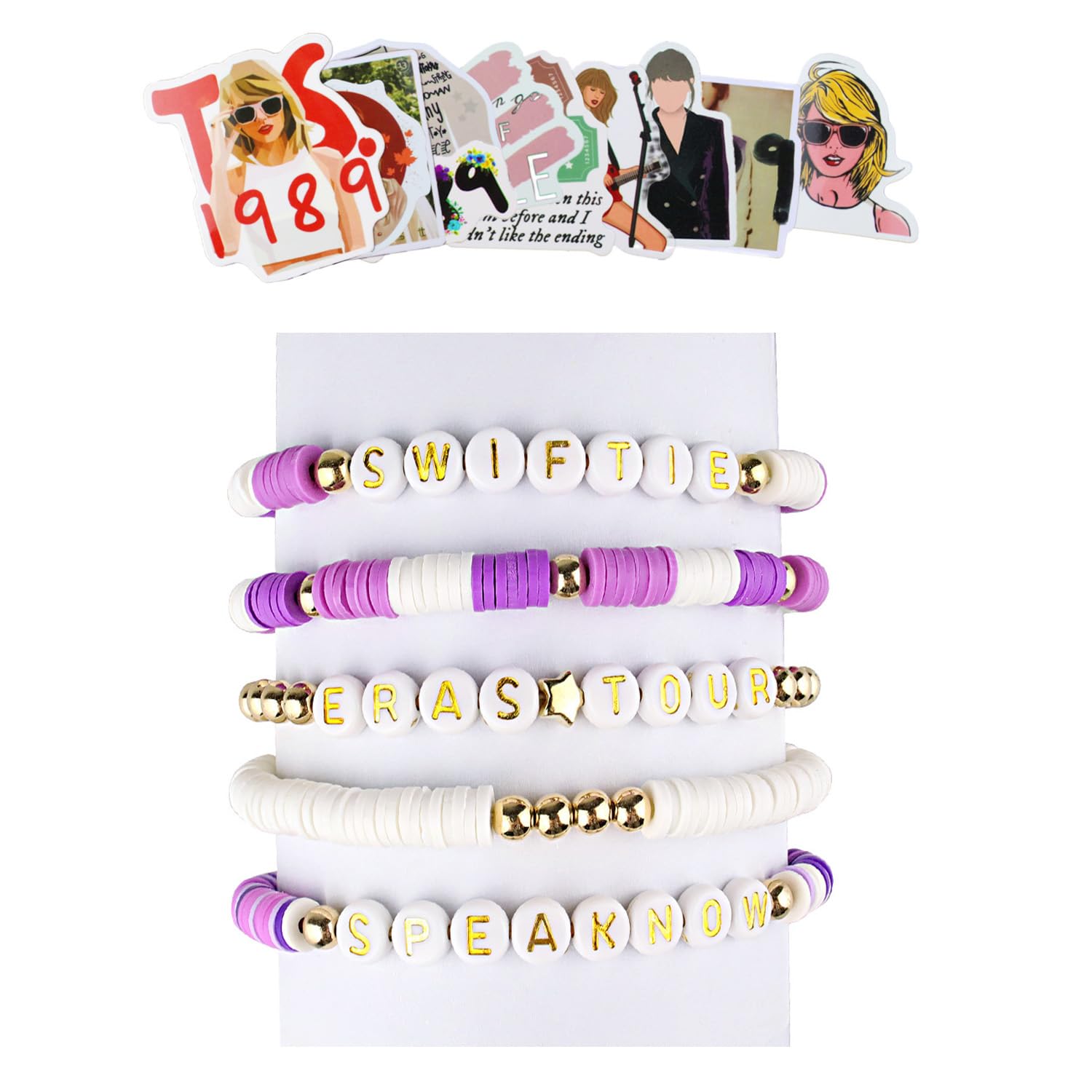 ARZASGO 5 Pcs Singer Taylor Bracelets Set Friendship Bracelets for Women Girls Eras Tour, with 50 Pcs Taylor Music Theme Stickers for Swiftie Fans
