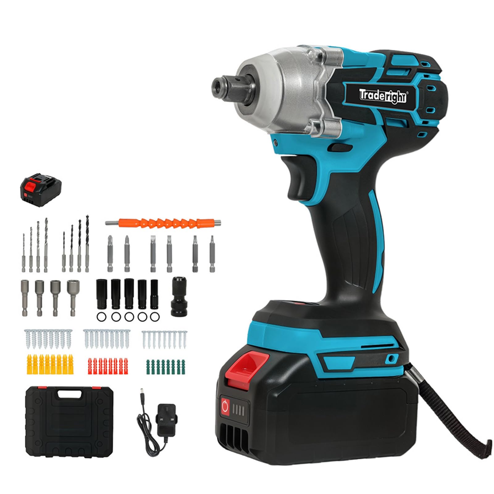 Traderight Black Cordless Impact Wrench 21V,73-Piece Kit,550Nm High Torque Brushless Impact Gun, 1/2"&1/4" Adapter,1×4.0Ah Batteriy,Fast Charger,2-Speed Control, 3000Rpm,3600Bpm,Rechargeable Power Tool