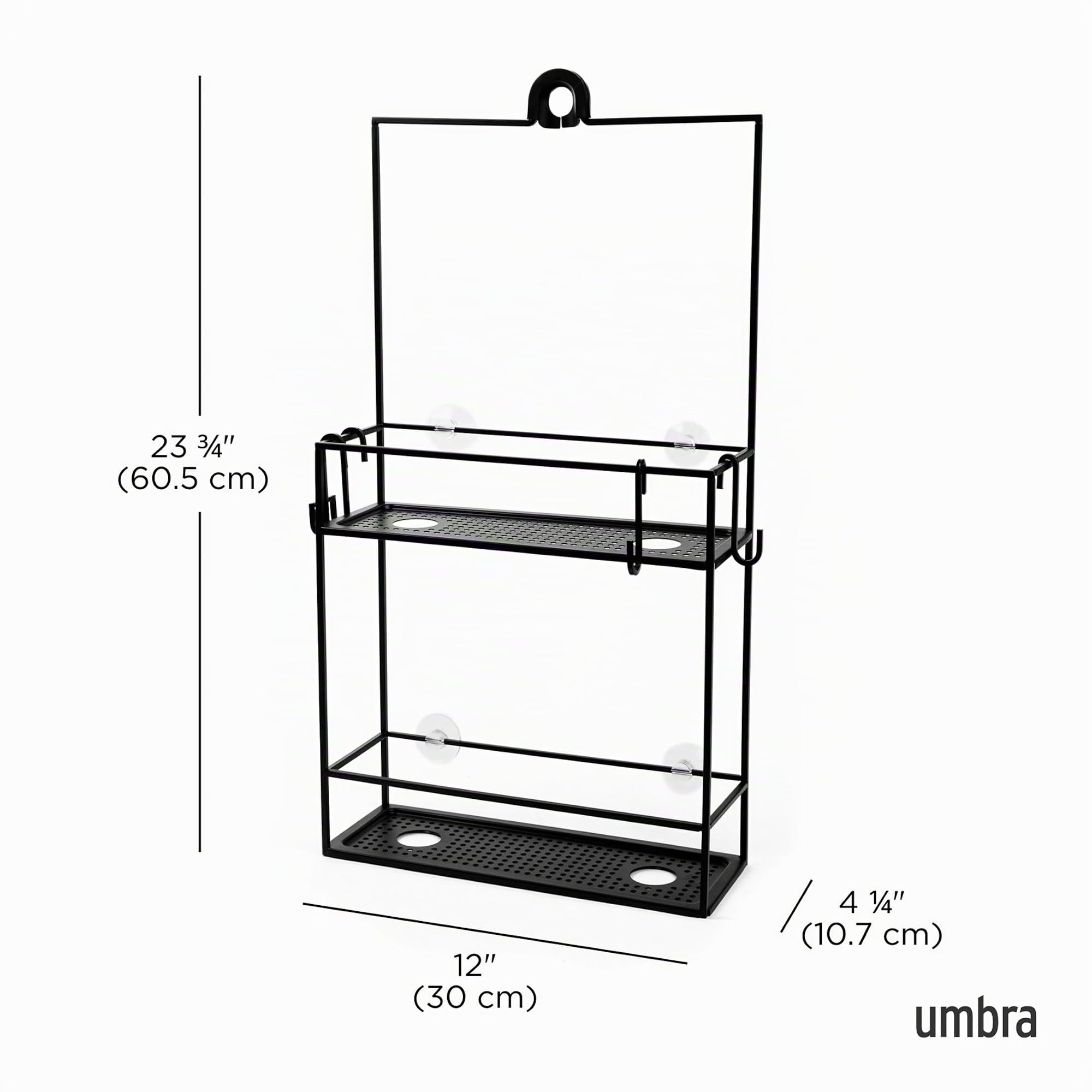 Umbra Cubiko Duschablage, Schwarz | Über dem Duschkopf oder Tür, integrierte Ablauflöcher, S-Haken für Rasierer und Schwamm, 2 Ablagefächer