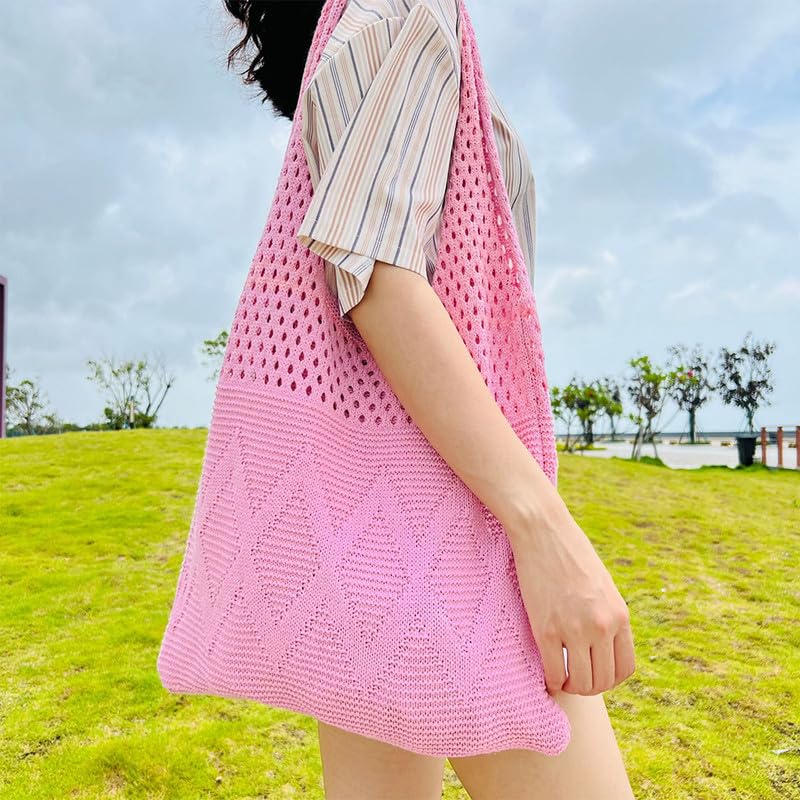 Vintage Shoulder Purse Women's Knitted Handbag for Everyday & Travel Large Hobo Bag Convertible Tote Handbags Pink2
