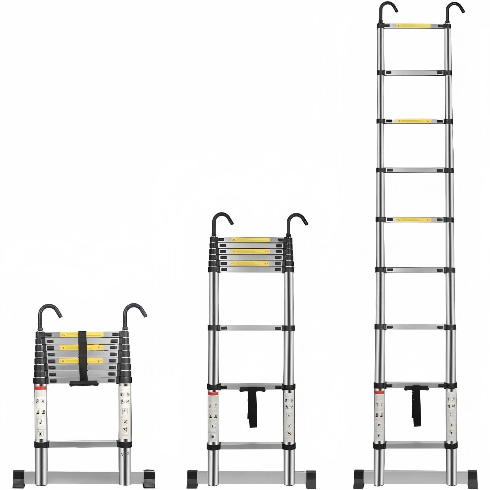 Multibao Telescopic Ladder 2.6M 8.5FT Aluminium Extension Loft Ladder with Stabilizer Bar and Detachable Hooks, Multi Purpose Extendable Portable Folding Ladders, EN131 (2.6M/8.5FT)