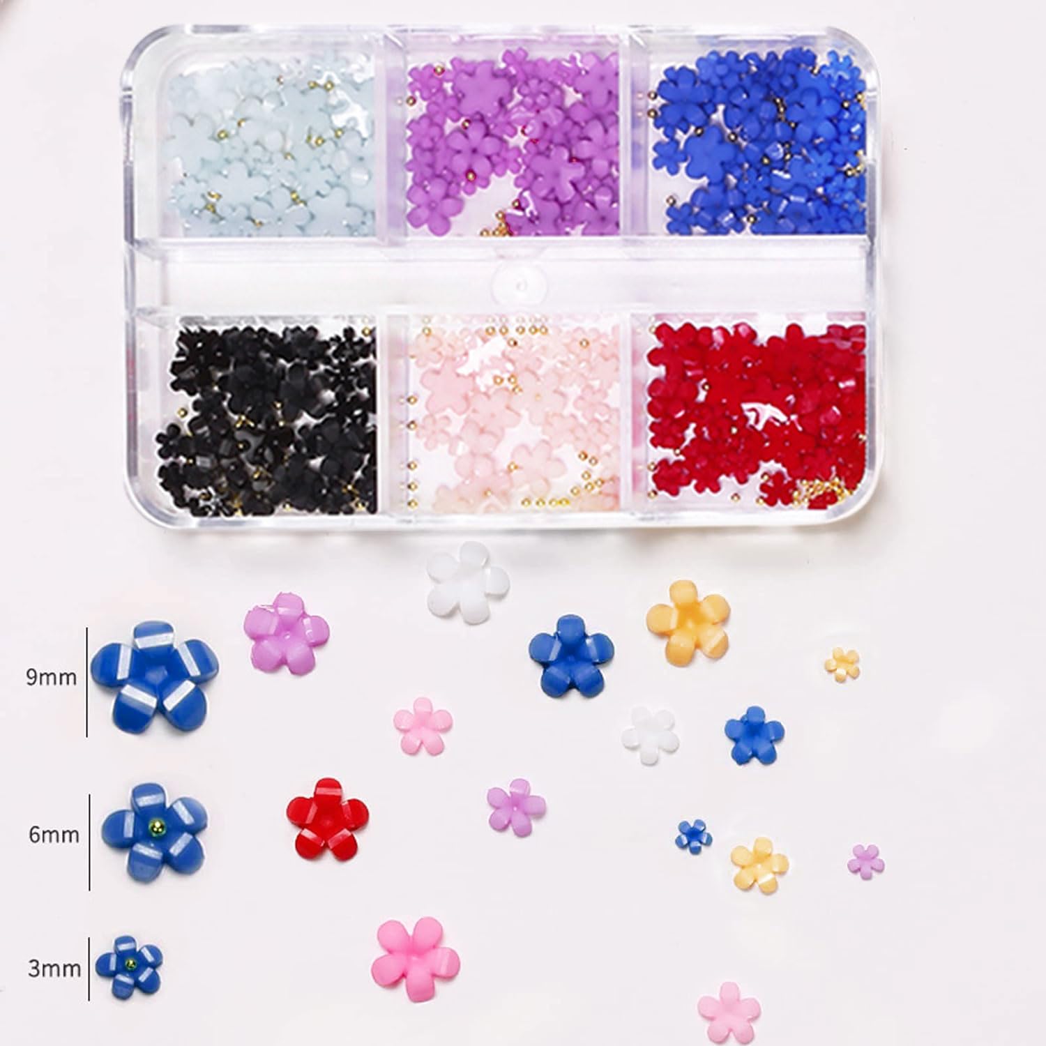 2Boxes 6 Grids 3D Colorful Flower Nail Charms- 3D Nail Flowers Rhinestone with Gold Caviar Beads Mixed DIY Nail Decorations for Acrylic Cherry Blossom Nail Art Design (Colorful B) - Image 2