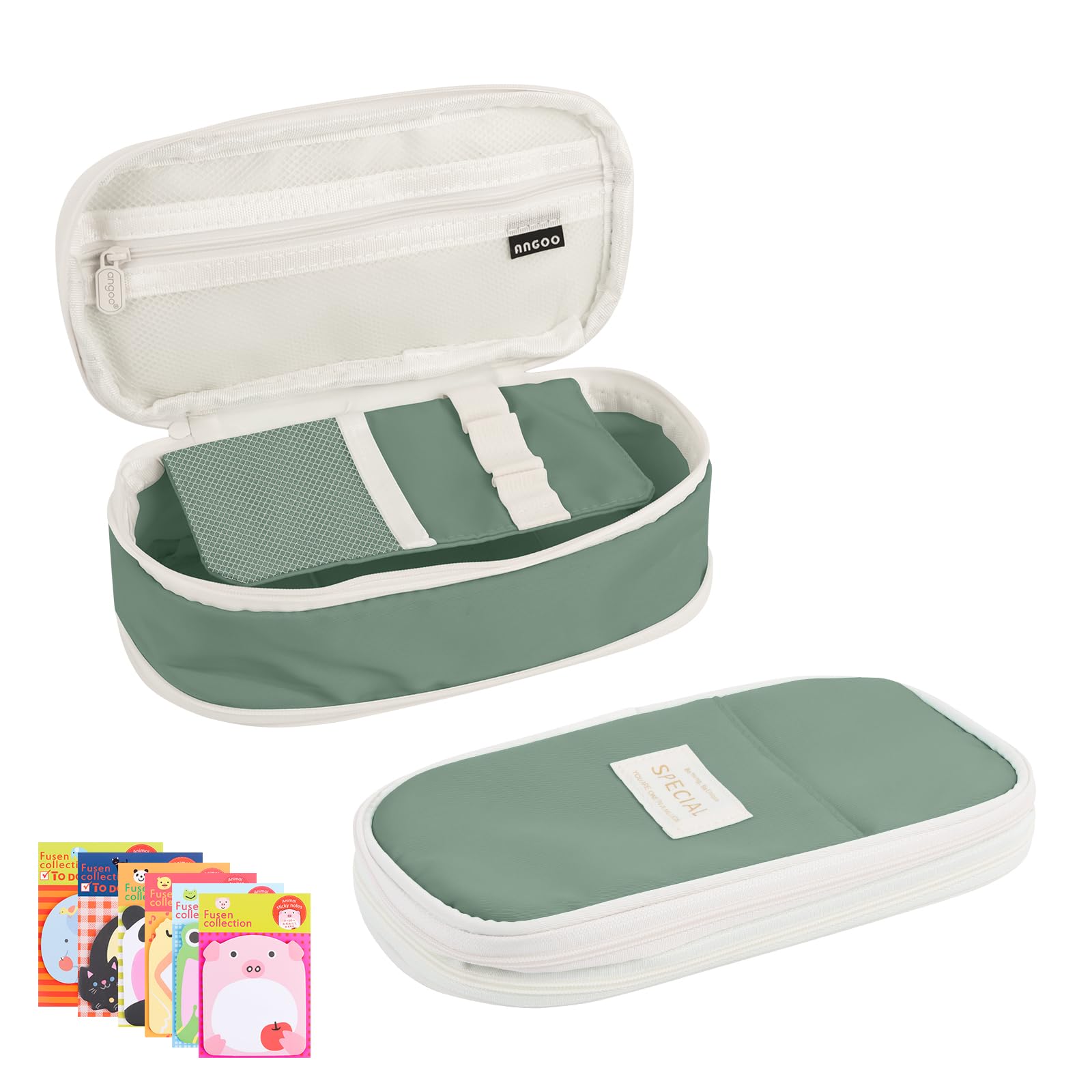 Hittriu Expandable Pencil Case with 6 Packs of Sticky Notes, Multifunctional Pencil Bags with Compartments, Large Capacity Desk Organizer Pen Pouch for School, College and Office Supplies (Green)
