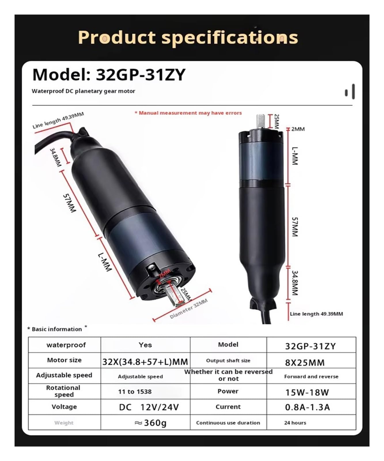 Amazon.com: 32mm 32GP-31ZY Waterproof Planetary DC Reduction Motor