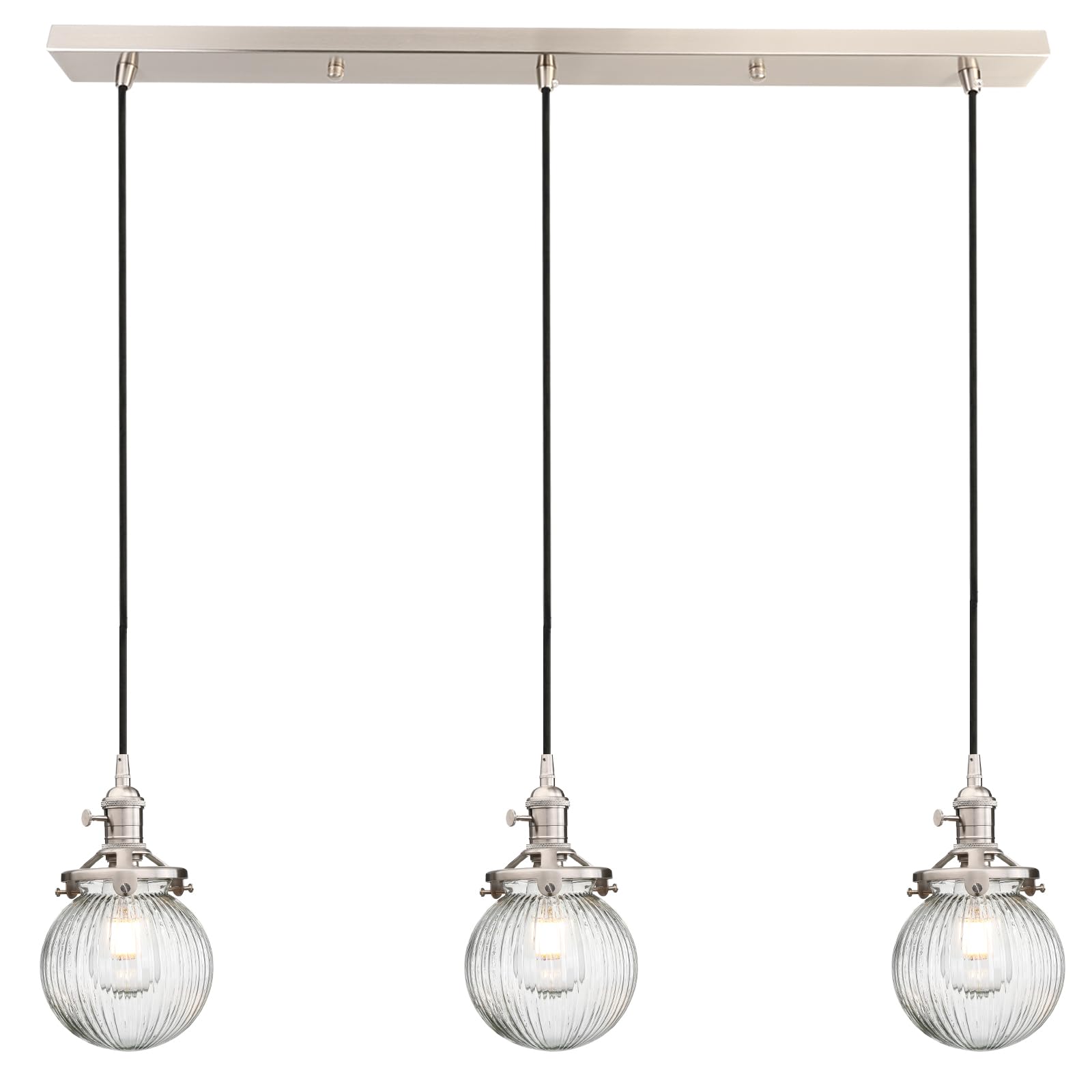 Yosoan Industrial Glass 3 Pendant Lights, 3 Heads Hanging Ceiling Lights with Ribbed Lampshade for Dining Room Kitched Living Room