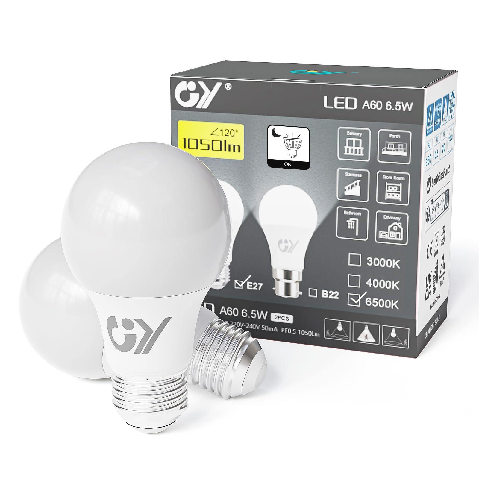 GY Light Bulb E27 with Motion Detector Light Sensor Lamp, E27 LED Cool White 6500K 1050LM Light Source, 6.5W Replaces 75W, Automatic on/Off Switch, for Stairs, Toilets, Garden, Garage, 2 PCS — image 1