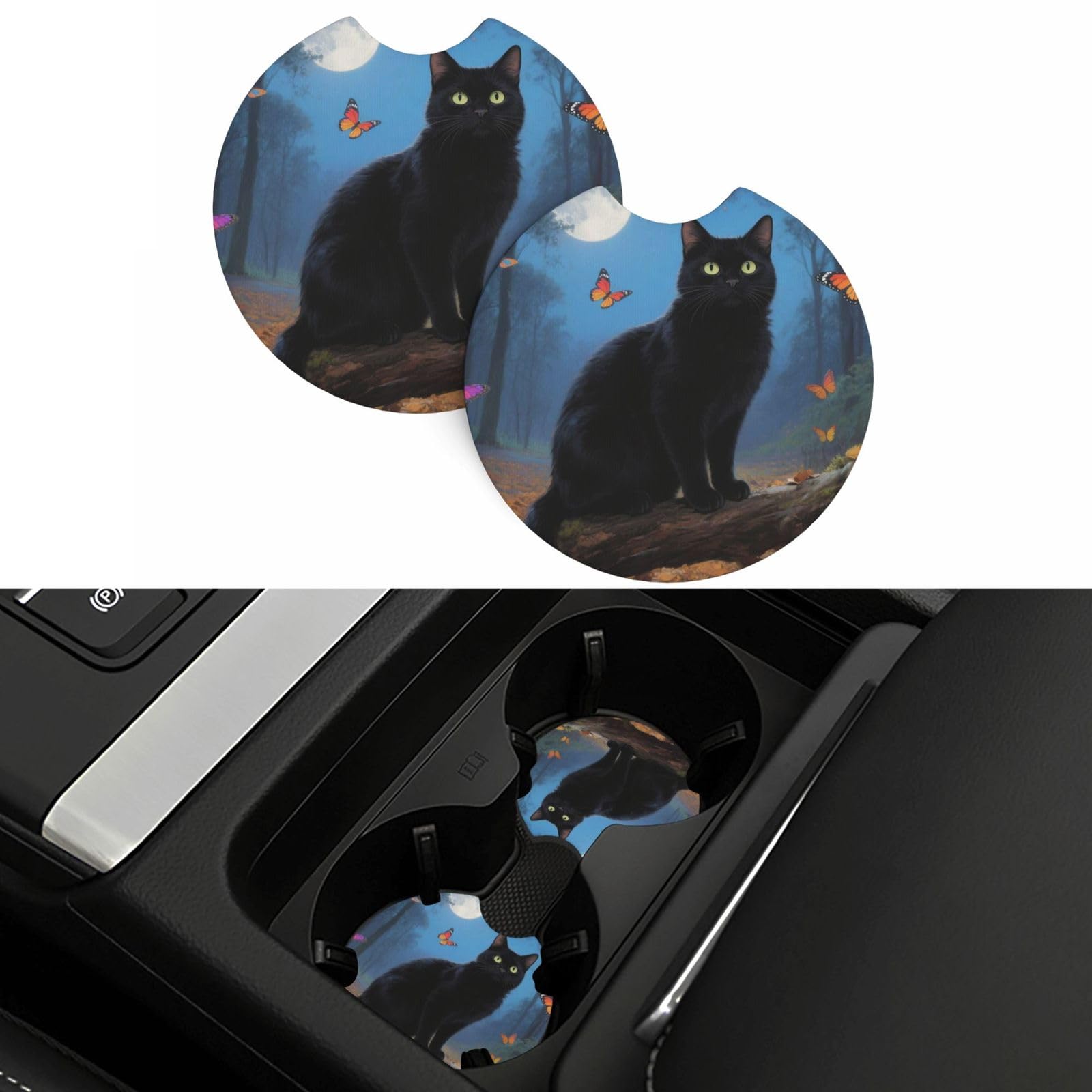 2 Pack Car Coasters,2.7" Universal Car Cup Holder Coasters Non-Slip Neoprene Cup Pad Mat Coaster Car Interior Accessories for Women Men Cat Tapestry Moon Butterfly