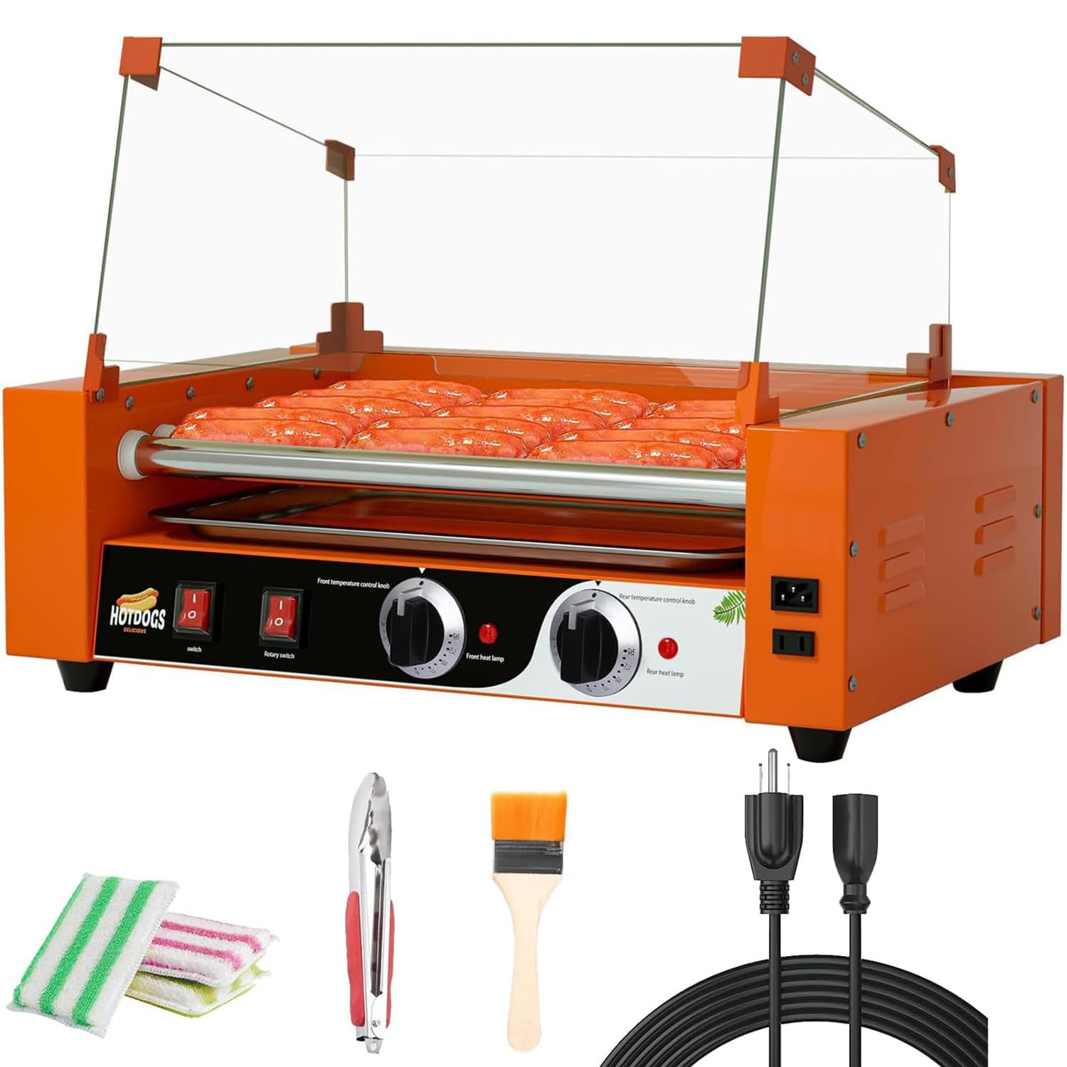 Hot Dog Roller Grill 1000W – Parrilla para salchichas con rodillo, control de temperatura dual, bandeja de goteo extraíble y cubierta, máquina calentadora perfecta para perros calientes para uso