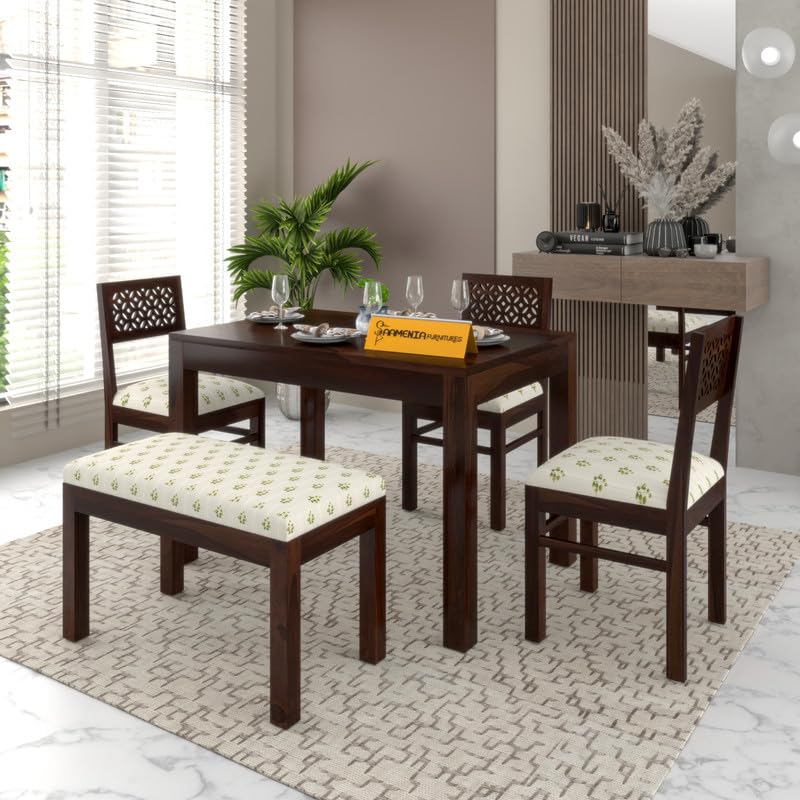 Image of Sheesham Wood 2 Chair with 1 Bench Dining Table Set with Cushioned Chairs for Dining Room | Living Room | Hotels Restaurant (4 Seater with Bench,Printed Walnut Finish)