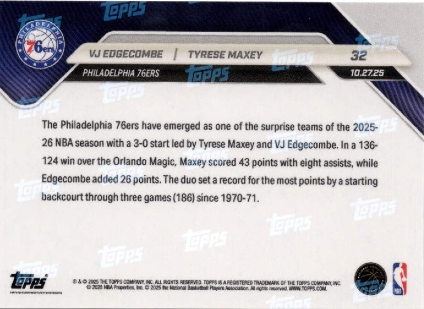 2025 Topps Now VJ Edgecombe/Tyrese Maxey #32 Green Foil /99 Basketball Card