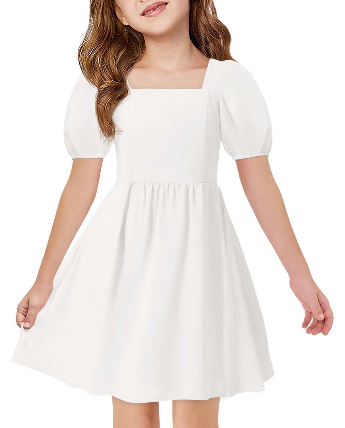 Photo 1 of Haloumoning Girls Puff Short Sleeve Summer Dress Kids Casual Square Neck A-Line Smoked Dresses 5-14 Years White