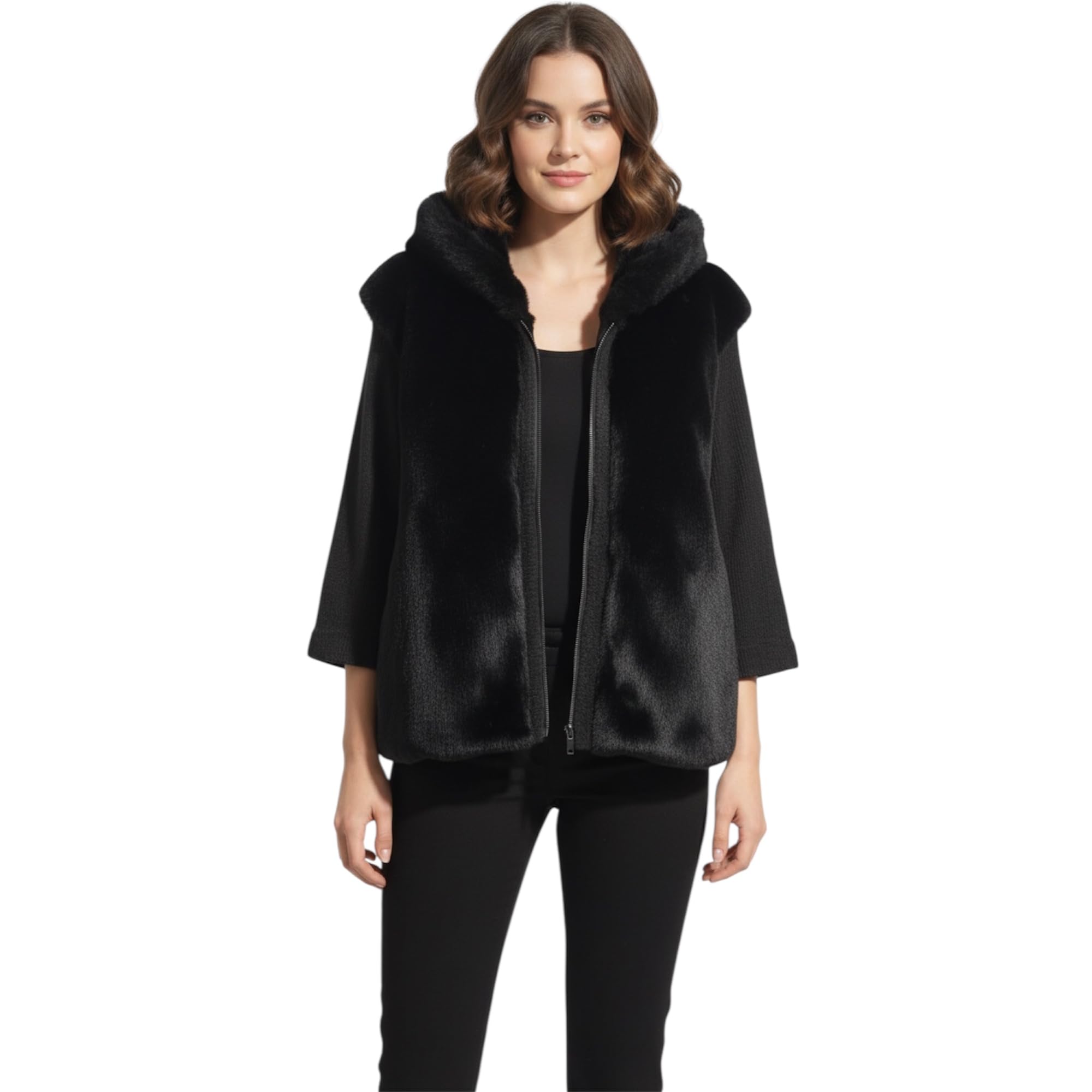 Womens Vest Premium Single Piece Black Soft Faux Fur Hooded Zip Front Winter Layer Sleeveless Casual Outerwear One Of One Limited Availability-picture-18