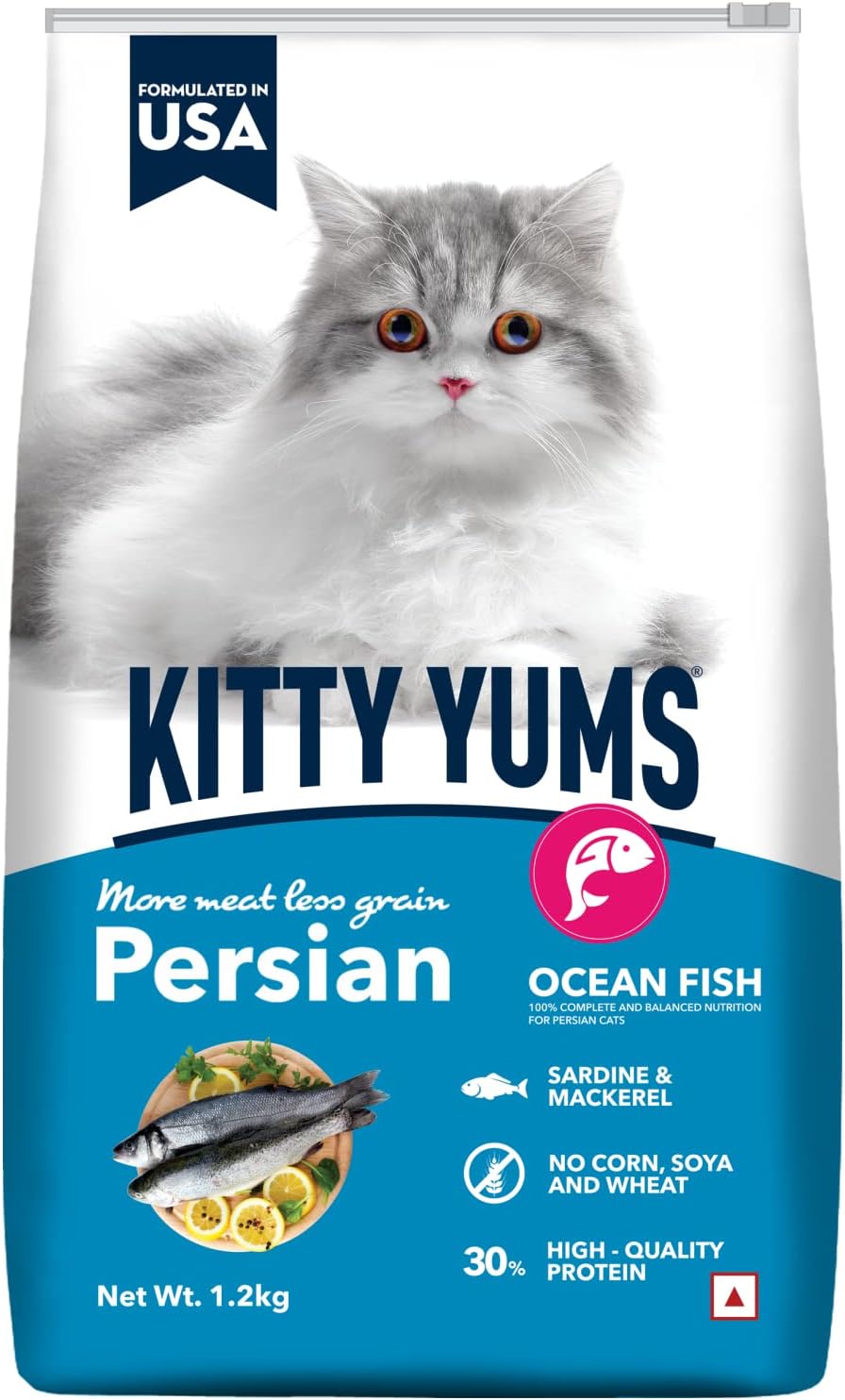 Kitty Yums Adult Persian Dry Cat Food 1.2kg Pack | Ocean Fish Flavour | Develop Strong Bones | Strong Immune System | Strong Vision Development Support Digestive Health