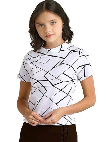 LEWEL Girls Cotton Printed Half Sleeve T-Shirt (White)