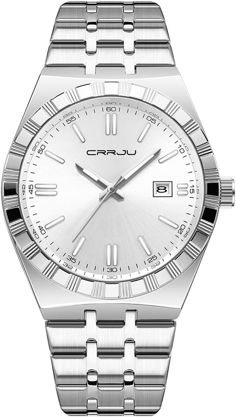 CRRJU Watches for Men,Fashion Luxury Luminous Analog Quartz Wristwatches,Business Man Calendar Watches Silver