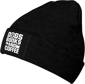 Dogs Books and Coffee Beanie Acrylic Beanie Hat Warm Winter Hats Knit Cuffed Beanie Cap Unisex Black