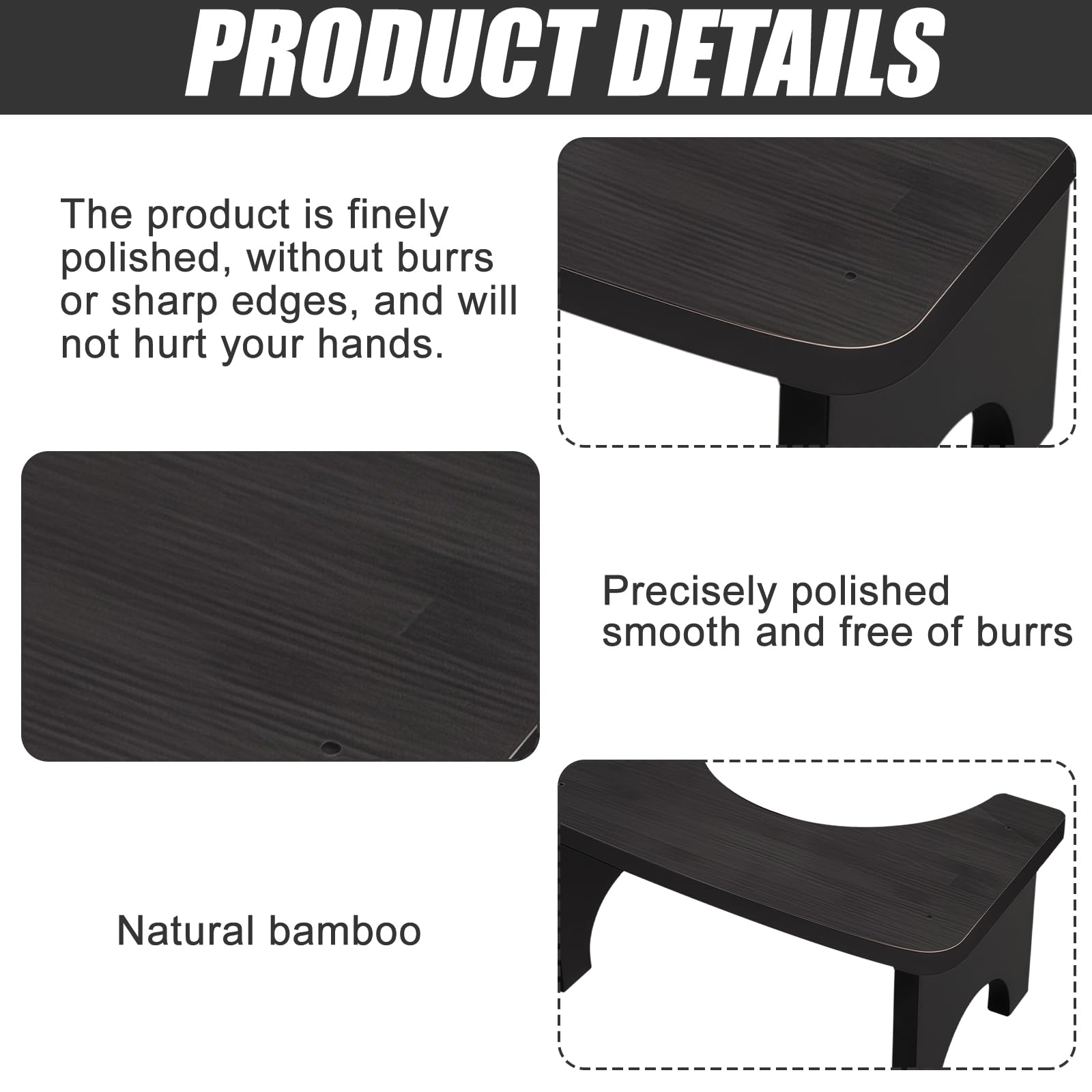 Sgabello WC in legno, per adulti e bambini, 37 × 20 × 17 cm, ergonomico, per migliorare la defecazione, sgabello antiscivolo per bagno, nero