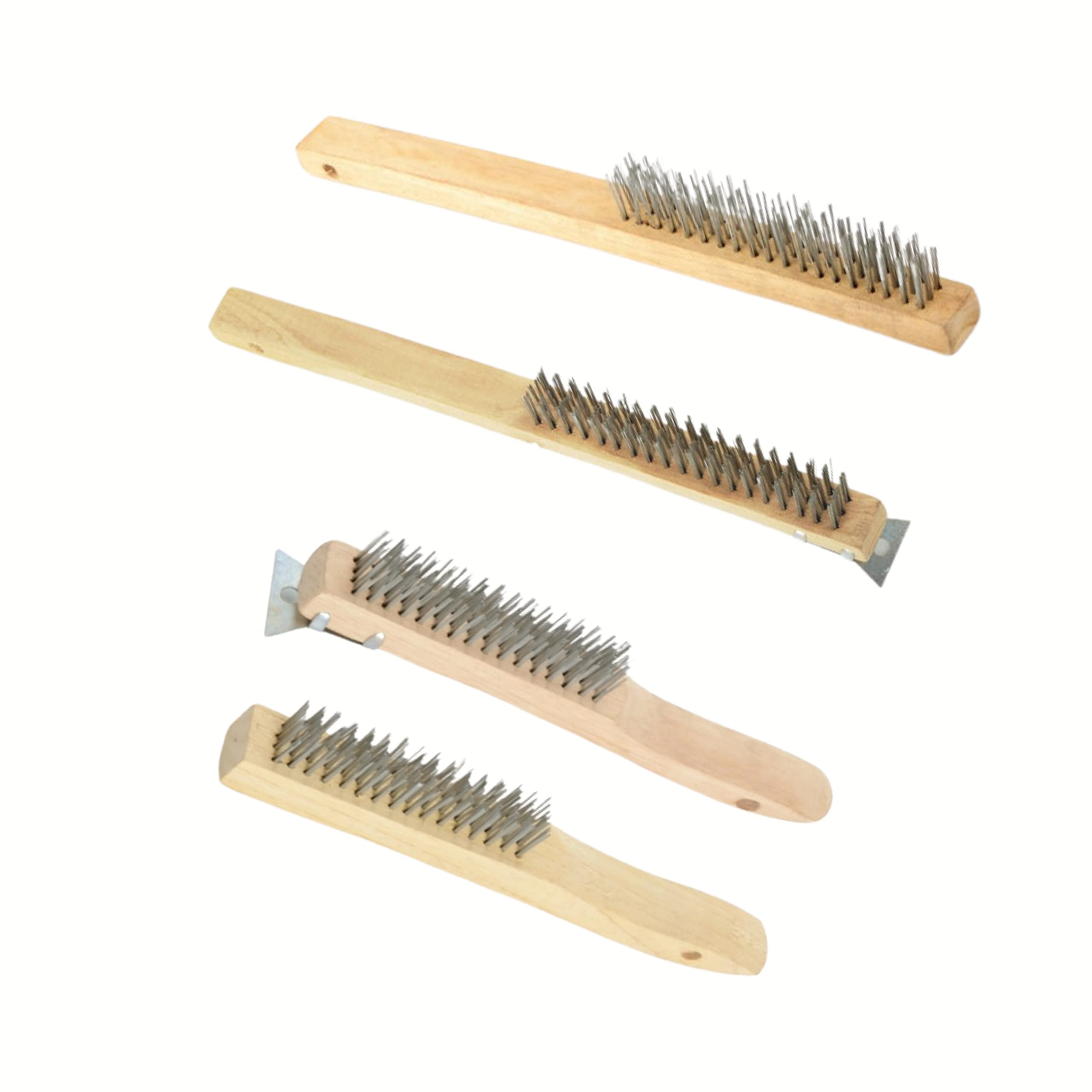 ATE Pro. USA - Wire Brush Set for Cleaning 4-Pack Multi Purpose Beechwood Handle, Stainless Steel Wire Scratch Brush for Rust, Paint, Welding, Heavy & Light Household Cleaning, Wood Brush w/Scraper