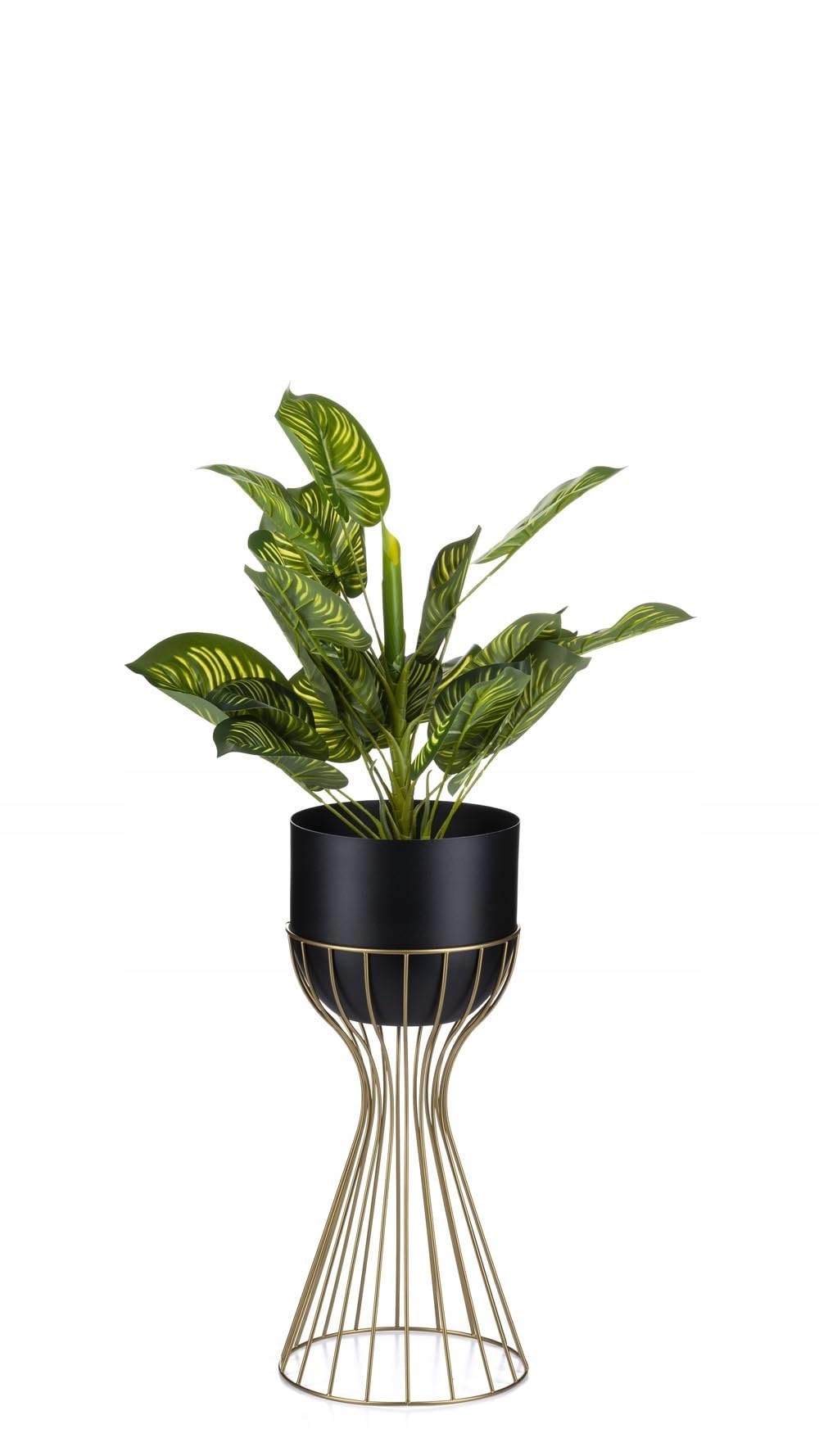 Moderno supporto per fiori in metallo, altezza 46 cm, con vaso di fiori nero, rotondo, diametro 18 cm, supporto in oro robusto, per la decorazione di interni