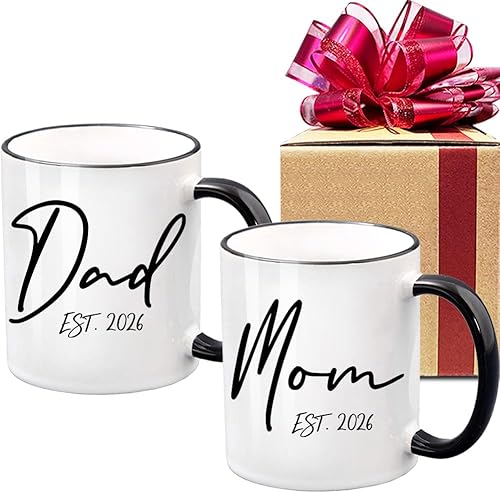 Dnuiyses EST 2025 - Tazas para papá y mamá, regalo para padres 2025, 2 unidades (paquete de 1), blanco, cerámica, 10.5 onzas líquidas, aptas para