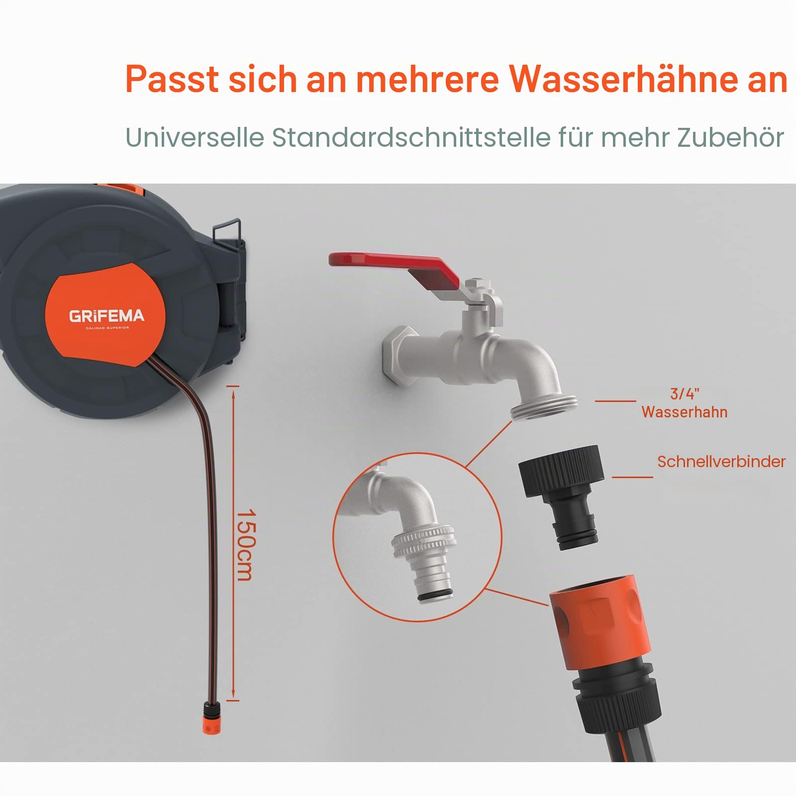 GRIFEMA G301-15, Schlauchtrommel zur Wandmontage, Schlauchbox mit 15m Schlauch, Wandschlauch-Aufroller mit 180° Drehung, Automatische Aufrollung mit verstellbarer Düse
