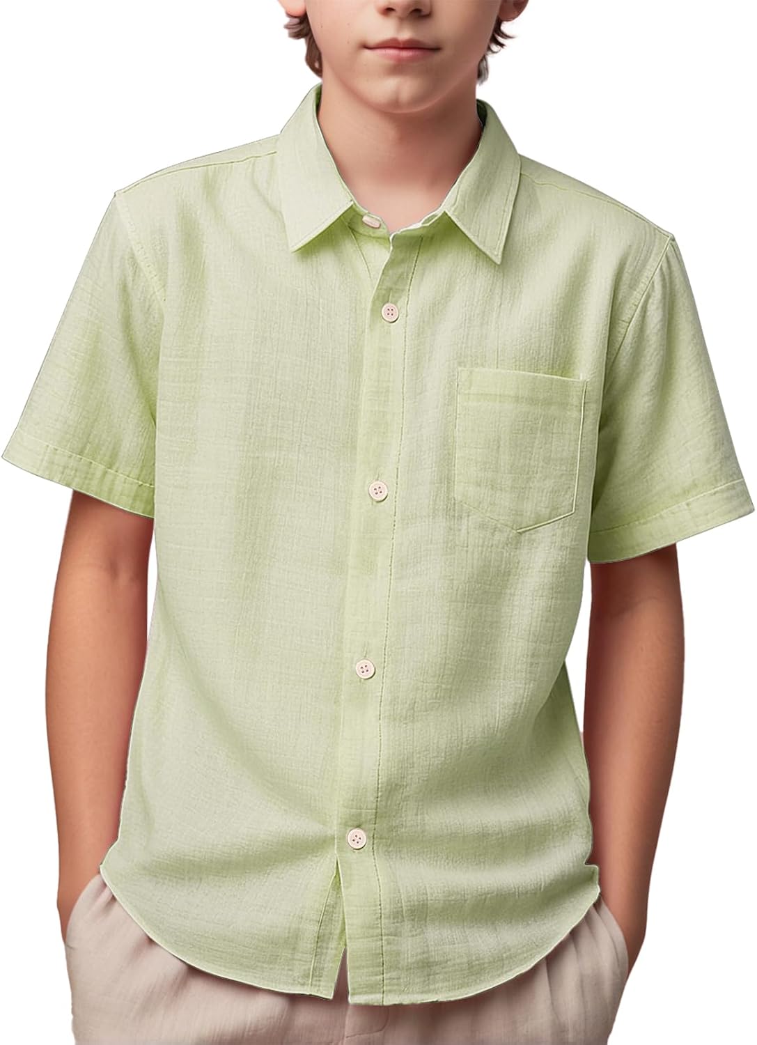 Spring&Gege Boys' Short Sleeve Button Down Shirts Linen Textured Summer Beach Shirt Soild