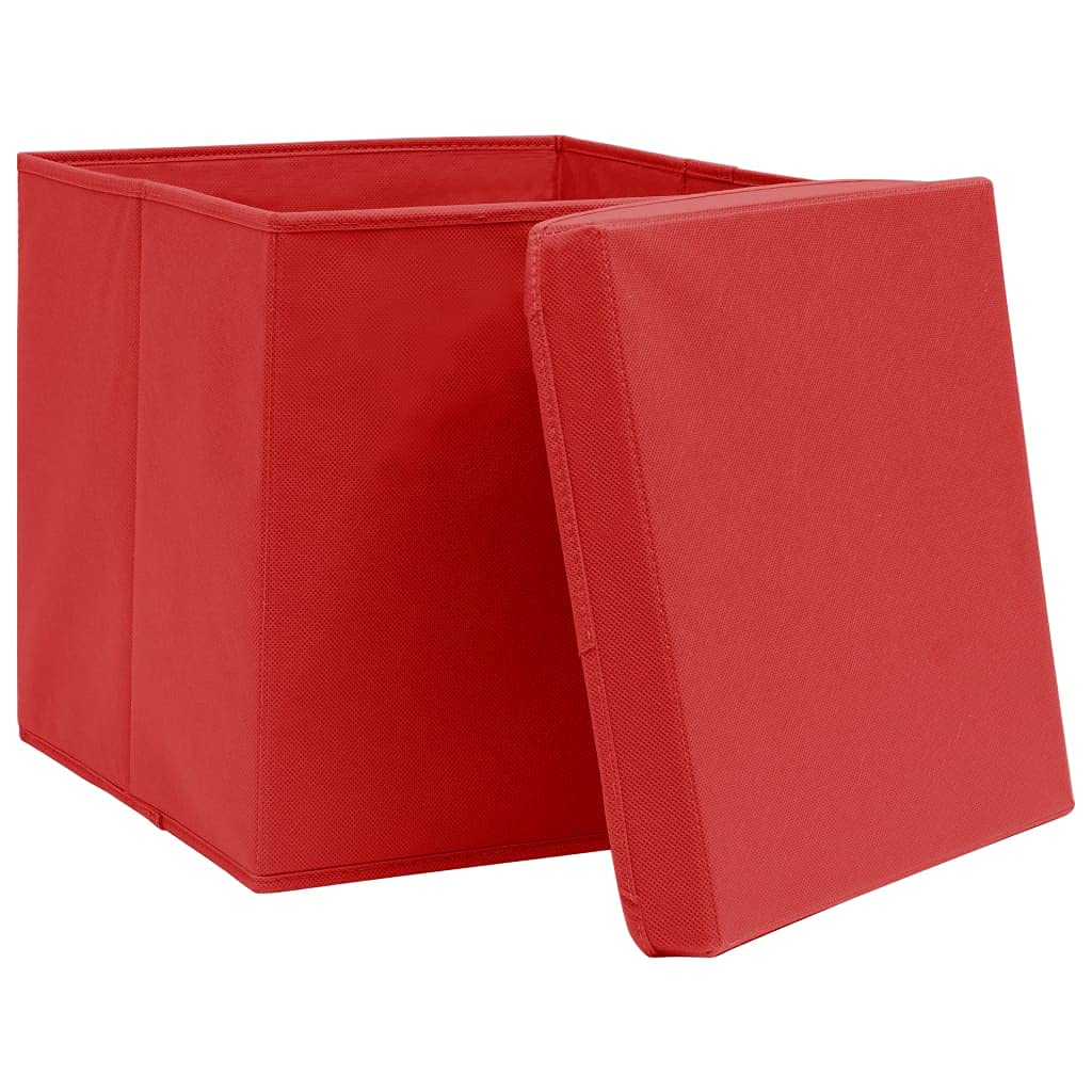 10 scatole portaoggetti pieghevoli in tessuto non tessuto con coperchio, 32 x 32 x 32 cm, rosso, con occhiello in metallo per estrarre facilmente dall'armadio o dallo scaffale